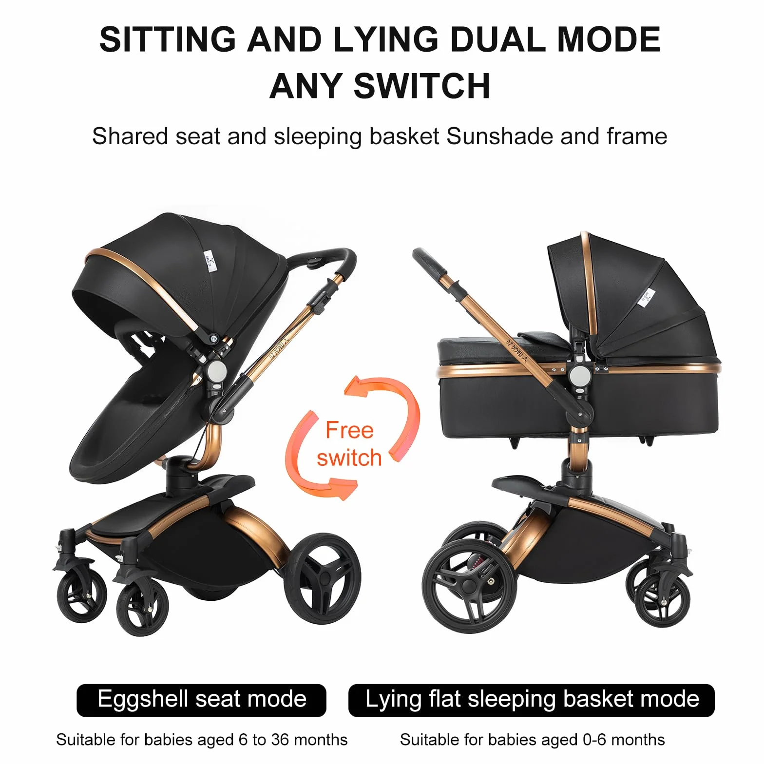 Passeggino 3in1 in pelle PU rotabile 360° con modalità culla | Pieghevole con un clic Convertibilità da neonato a toddler Rosa