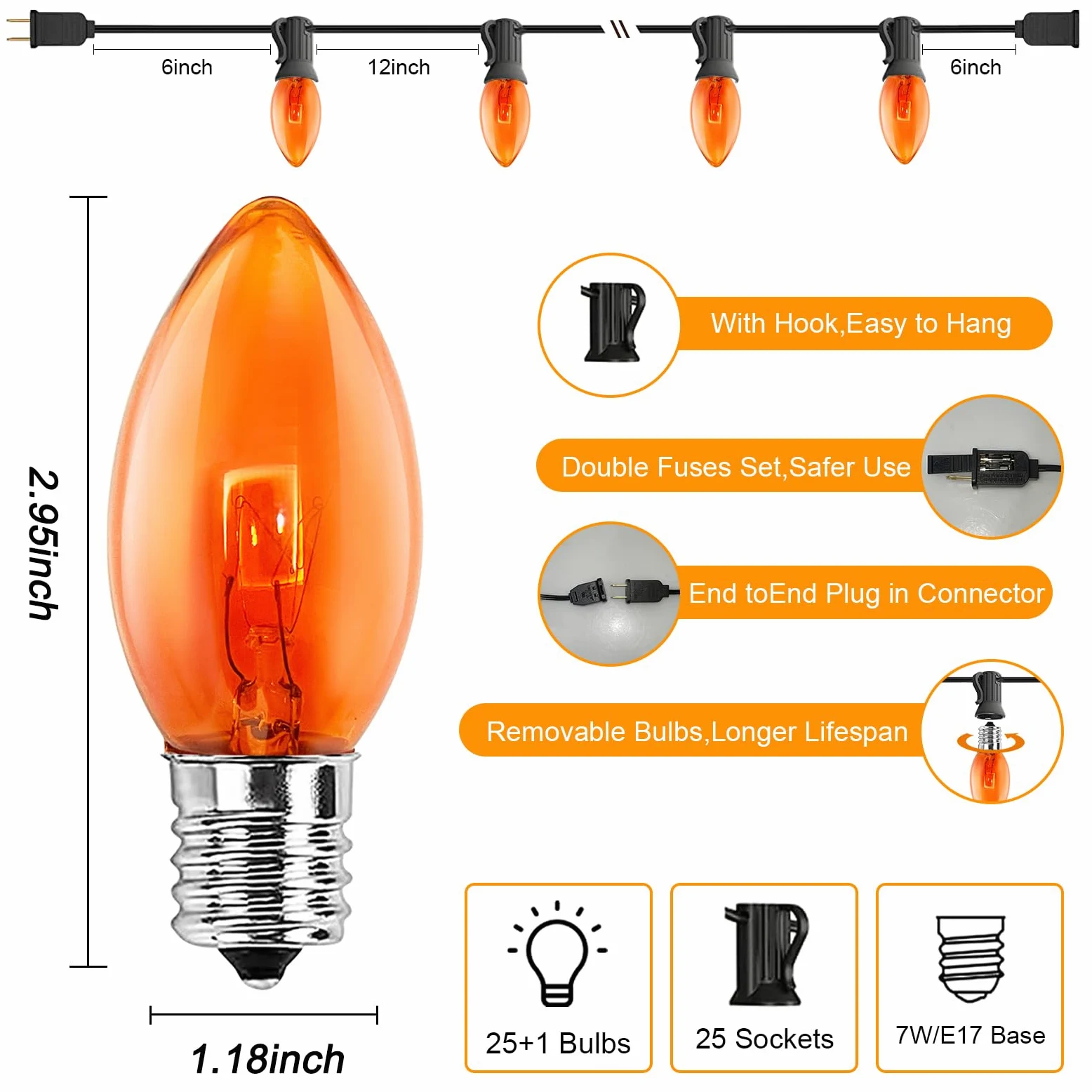 GOOTHY C9 - Stringa di luci natalizie arancioni, 6 m, decorazioni natalizie per esterni, con 26 lampadine arancioni a incandescenza, luci collegabili, impermeabili, per esterni, feste in cortile