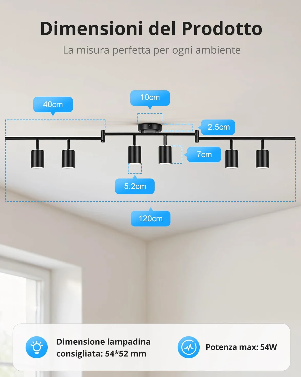 Gr4tec Faretti LED da Soffitto Orientabili 6 Luci, Moderna Binario Faretti GU10, Faretto LED Interno Nero, Lampadario da Soffitto per Soggiorno Cameretta Cucina, Senza Lampadine