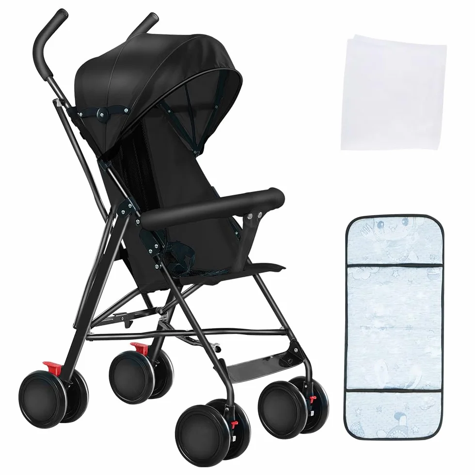 Passeggino Canne Bambino Ultra Leggero Pieghevole Reclinabile dalla Nascita a 25 kg Nero con Copertura Antipioggia