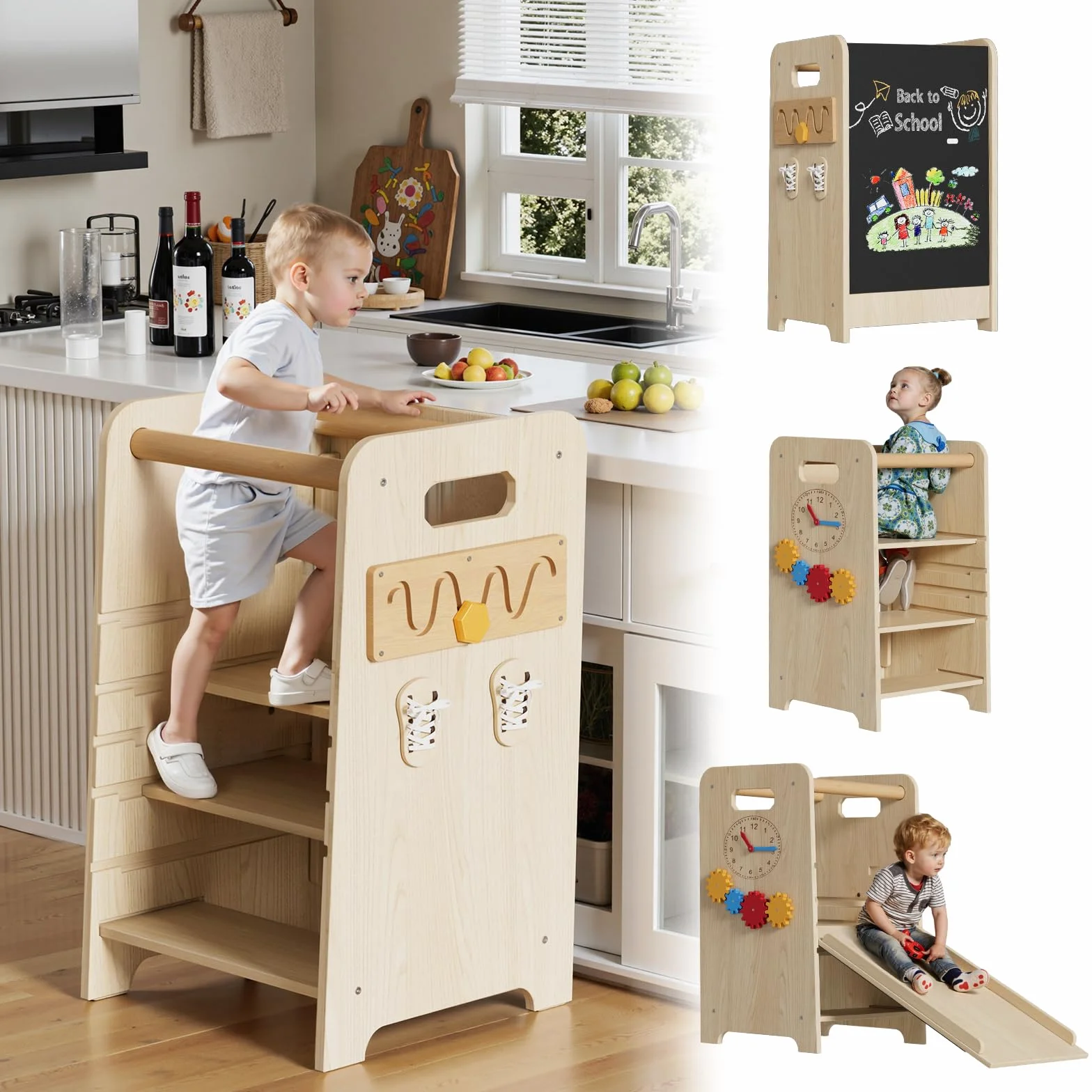 Torretta Montessoriana 4 in 1 Multifunzionale Torre Didattica con Lavagna e Scala Scorrevole per Bambini da 1 Anno