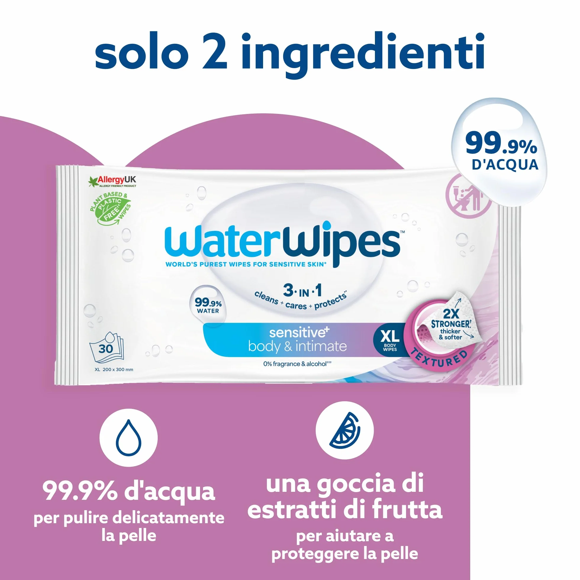 WaterWipes Sensitive+ Body & Intimate Wipes, 90 Pezzi (3 Confezioni), 99,9% Acqua, Senza Profumo