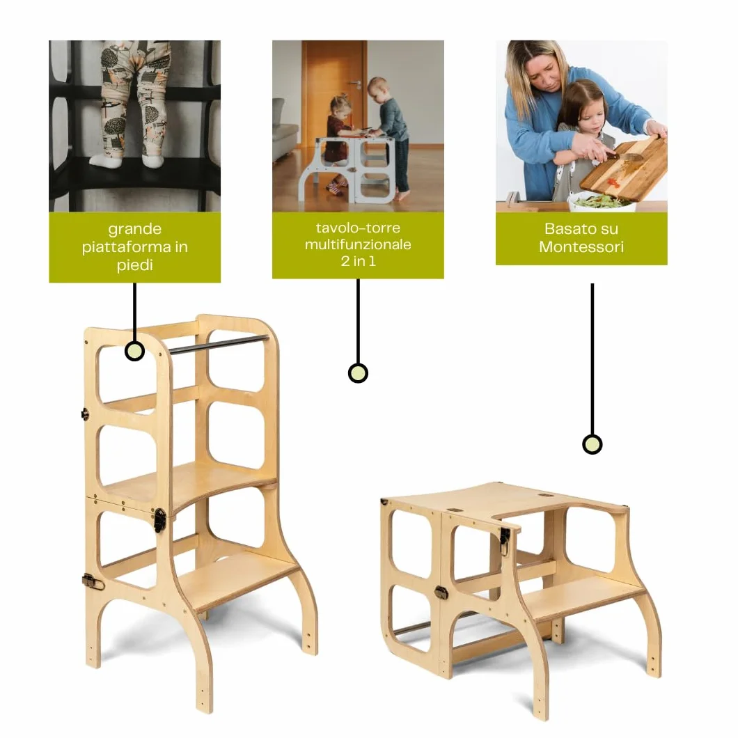 Ette Tete STEP’n’SIT® Torre Apprendimento Montessoriana Convertibile 2 in 1 Legno Cerniere Ottone