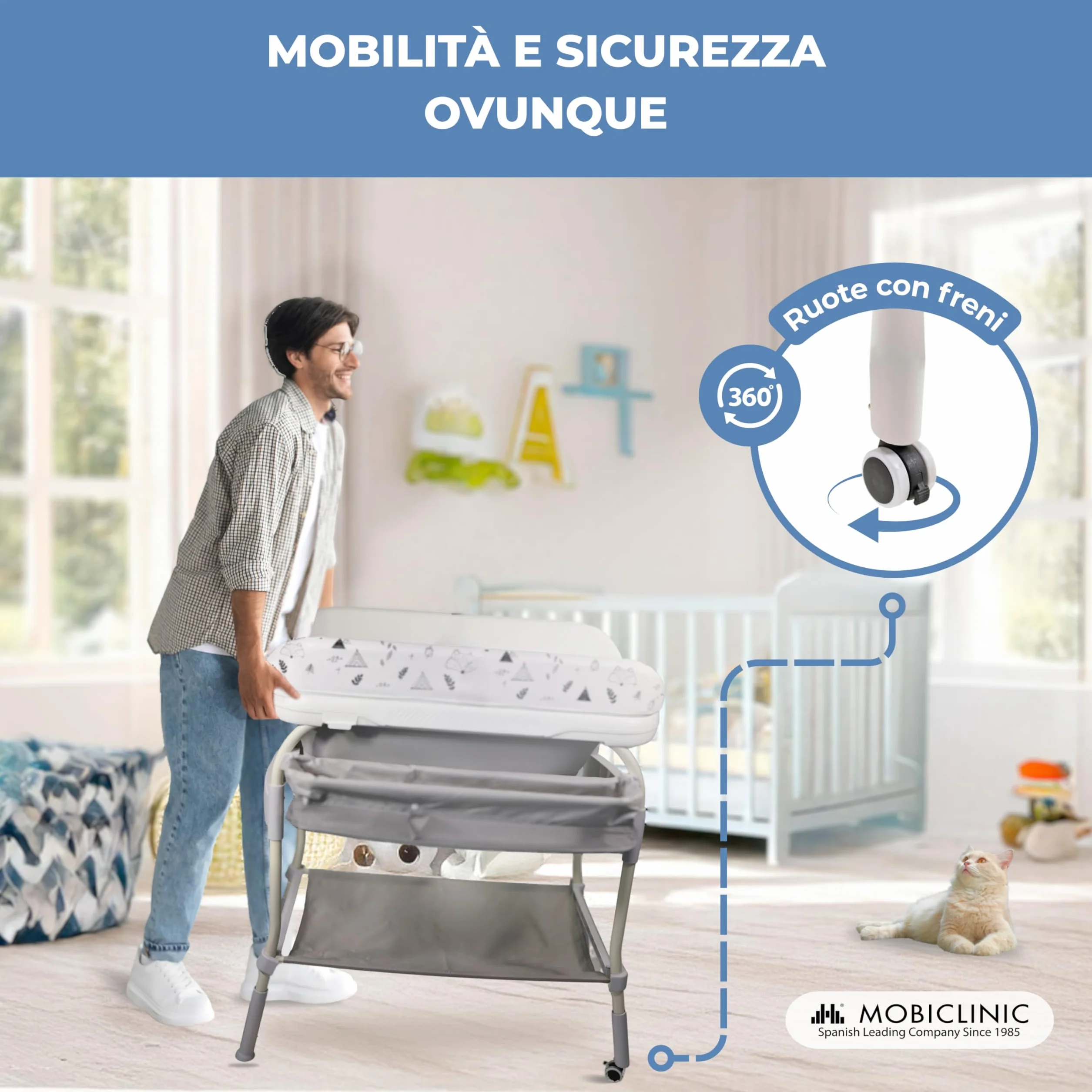 Mobiclinic Fasciatoio con vaschetta bagnetto 2 in 1, Regolabile 4 altezze, Fino a 50 kg, 0-36 mesi