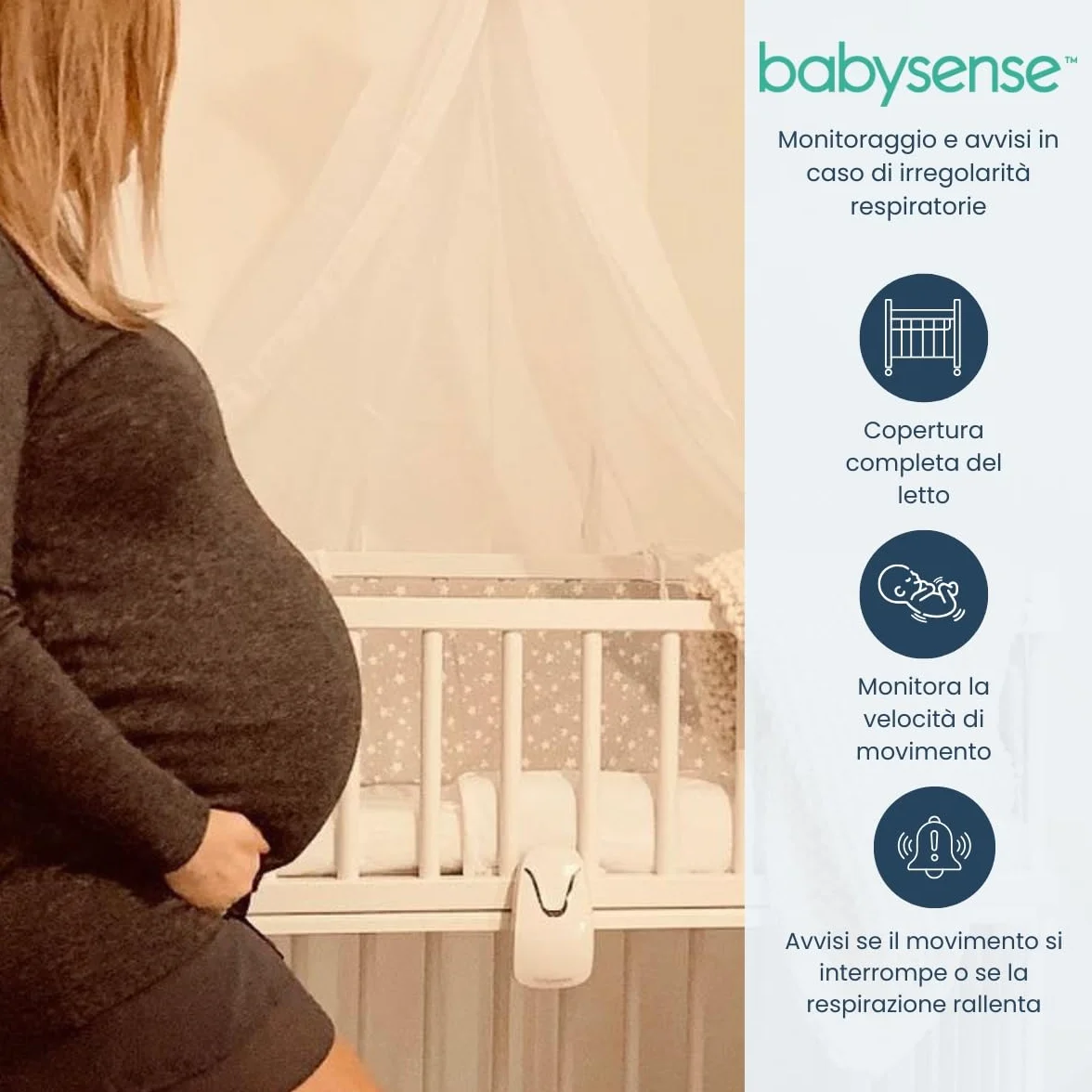 Babysense Baby Monitor con Certificato Medico, 2 Sensori, Avvisi di Irregolarità Respiratoria