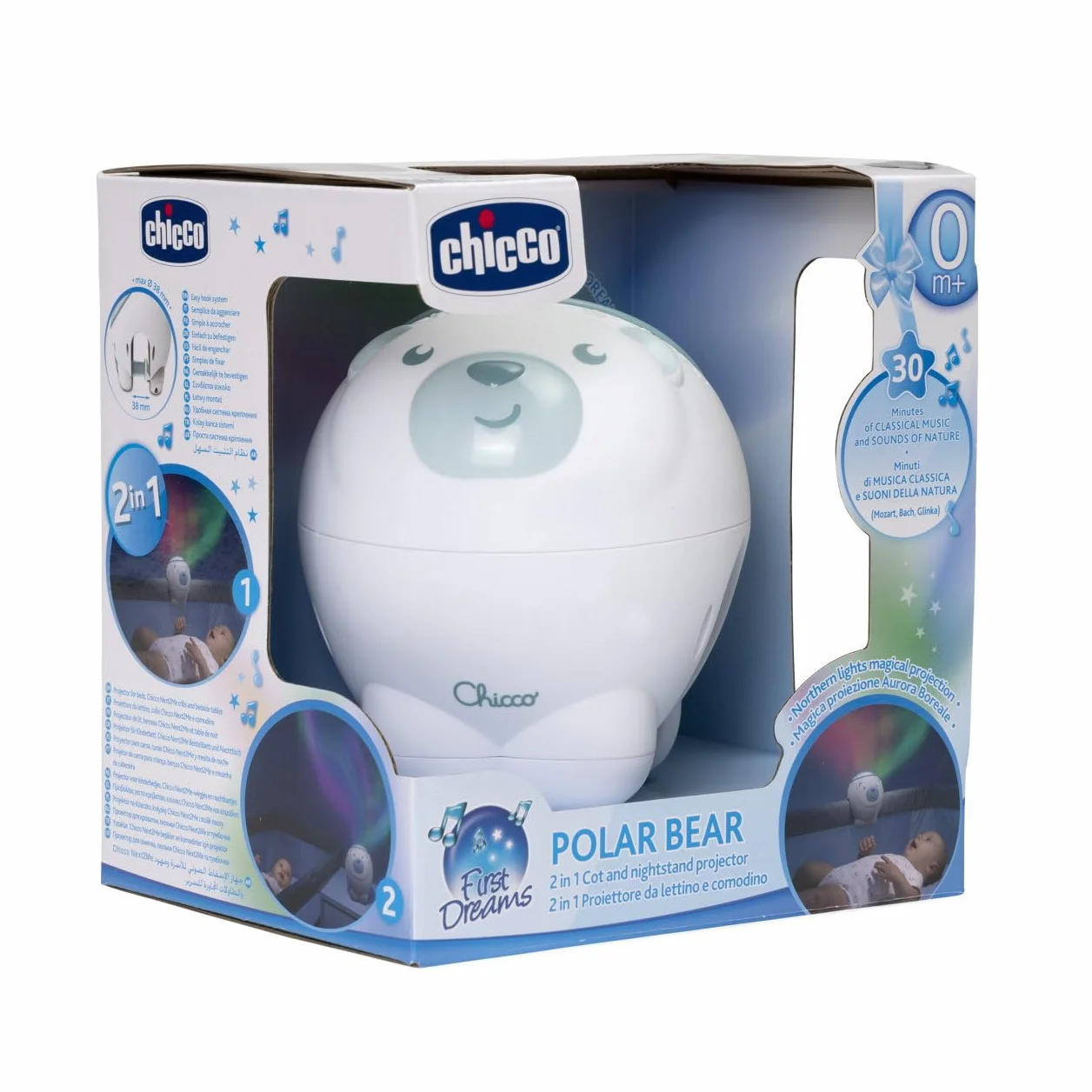 Chicco First Dreams Proiettore Orso Polare 2in1 da Culla e Comodino, Luce Notturna per Bambini, Musica Classica e Suoni Natura, Neonato 0+ Blu