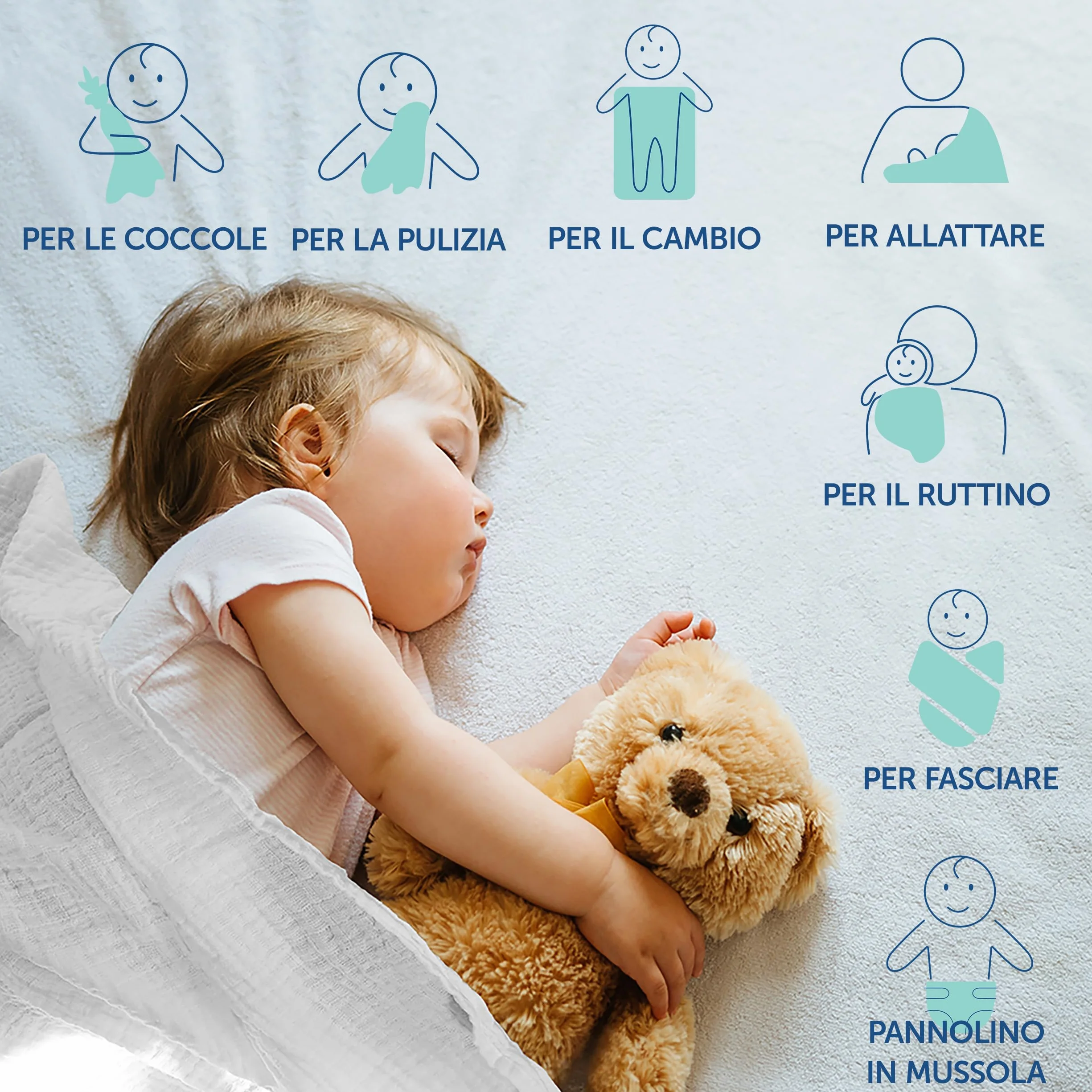 Mussole Neonato 70x70cm Cotone 100% OEKO-TEX Standard 100 Verde Bianco Menta Grigio Conf. 4