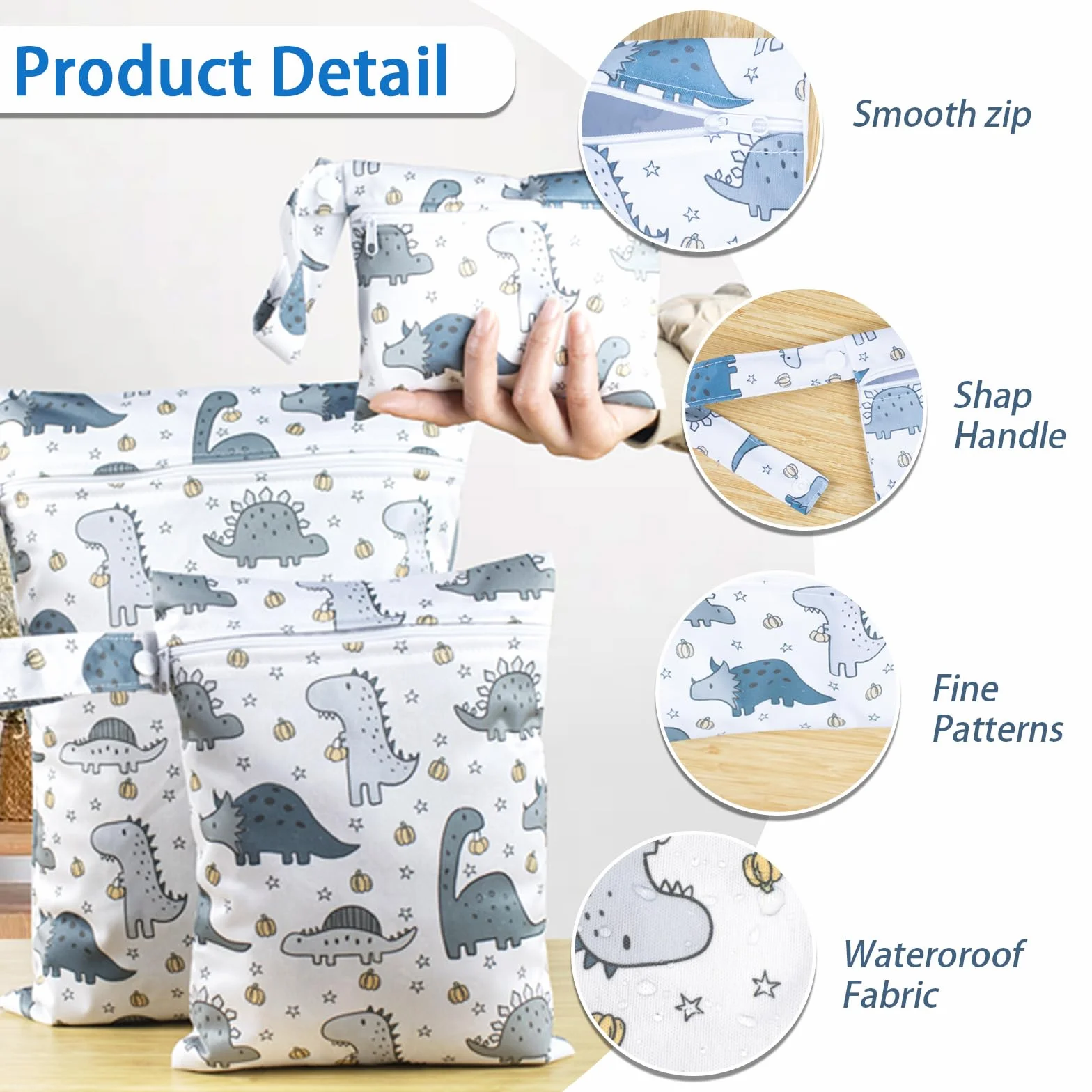 Wet Bag Borsa Pannolini Impermeabile 3 Pezzi Dinosauri con Zip da Appendere per Viaggio Passeggino