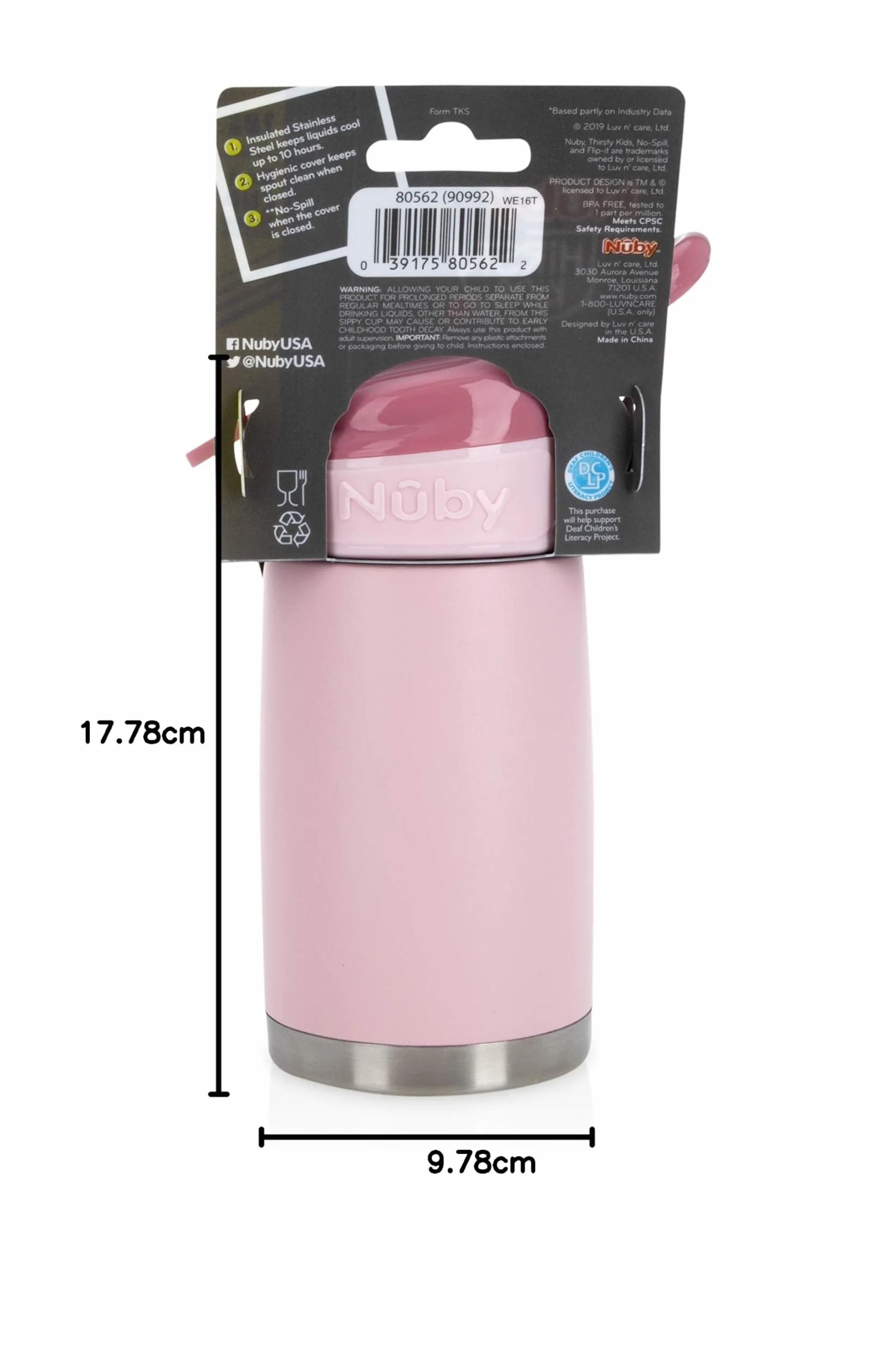 Nuby Bottiglia in Acciaio Inox Flip-It Reflex da Viaggio 300ml Rosa Bicchiere Antigoccia per Bambini