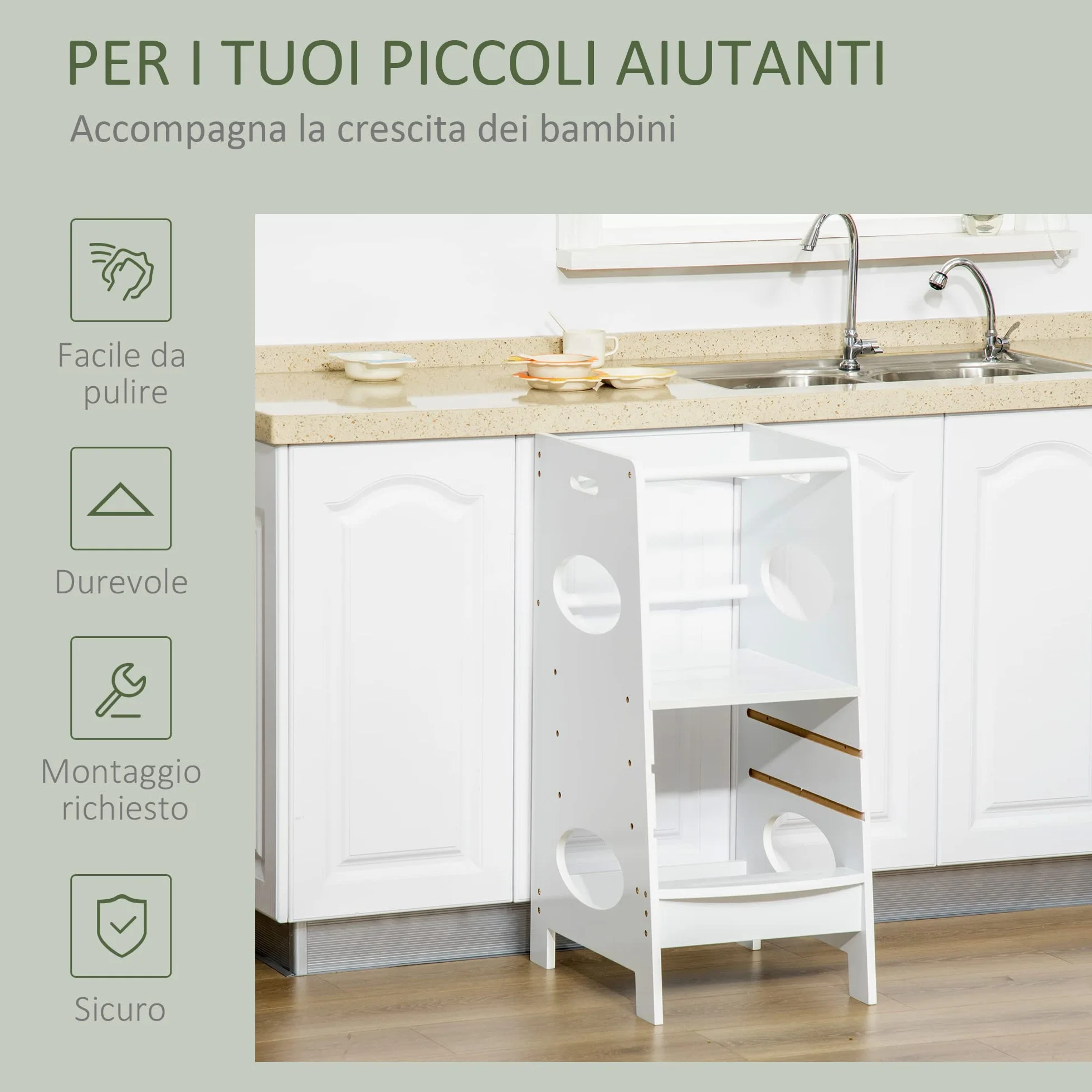 HOMCOM Torre Montessoriana Regolabile 3 Livelli, Torre Apprendimento Bambini Legno Bianco