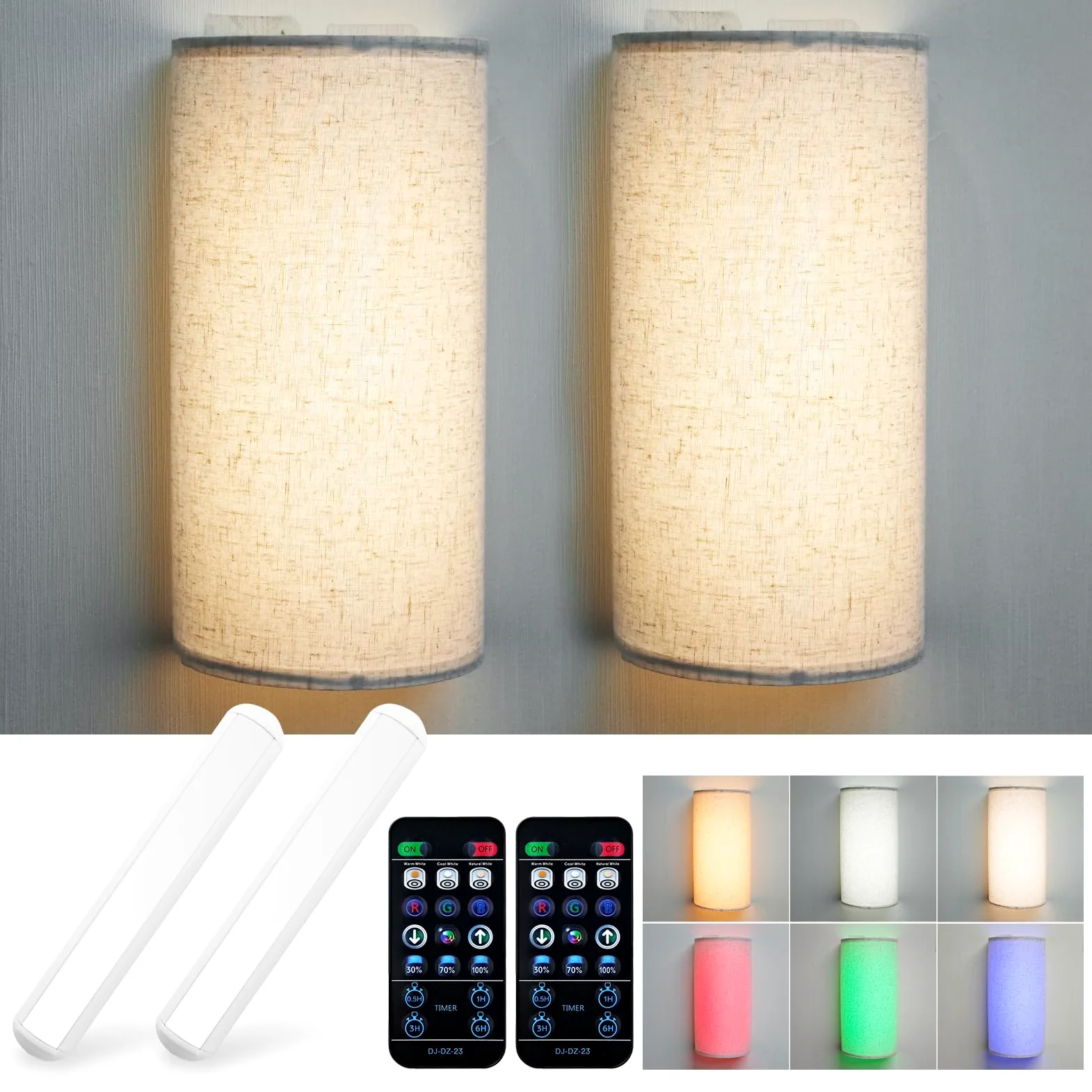 Batteria Luci da parete azionate 2 Pack, RGB dimmerabile Applique in tessuto, applique da parete senza fili con telecomando, 4400mAh ricaricabile Lampada da parete per camera da letto soggiorno