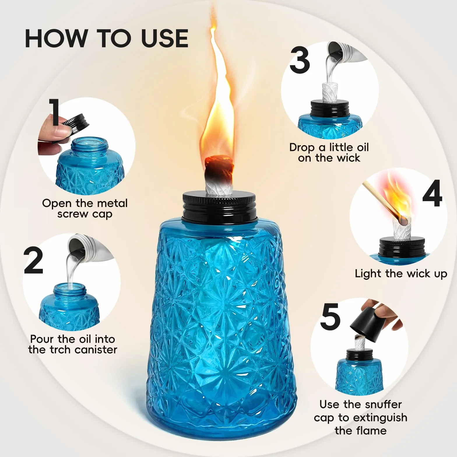 Confezione da 3 lampade a olio in vetro trasparente blu alla citronella, lampade a olio con 3 stoppini, per interni ed esterni, decorazioni per patio