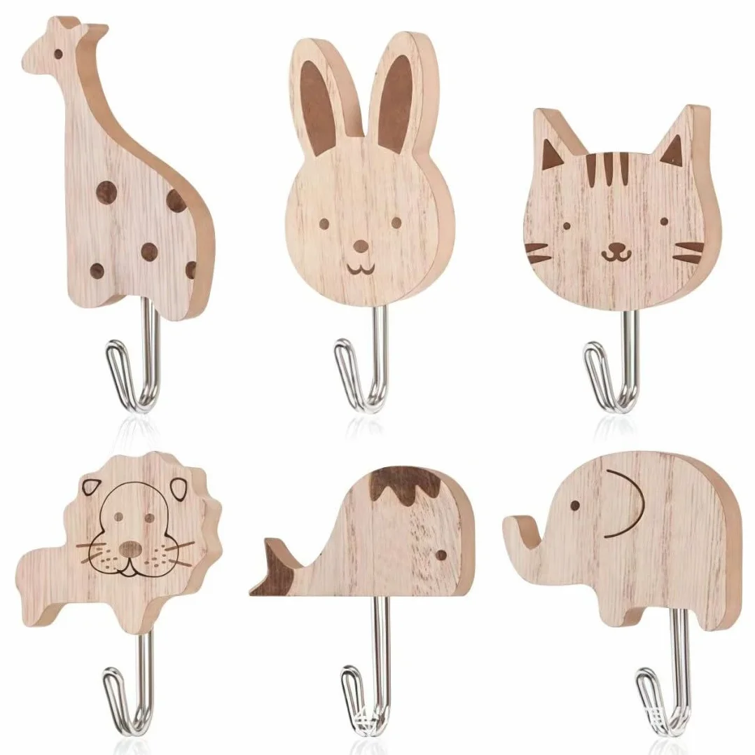 Appendiabiti Bambini da Parete Ganci Autoadesivi in Legno Animali Carini 6 Pezzi