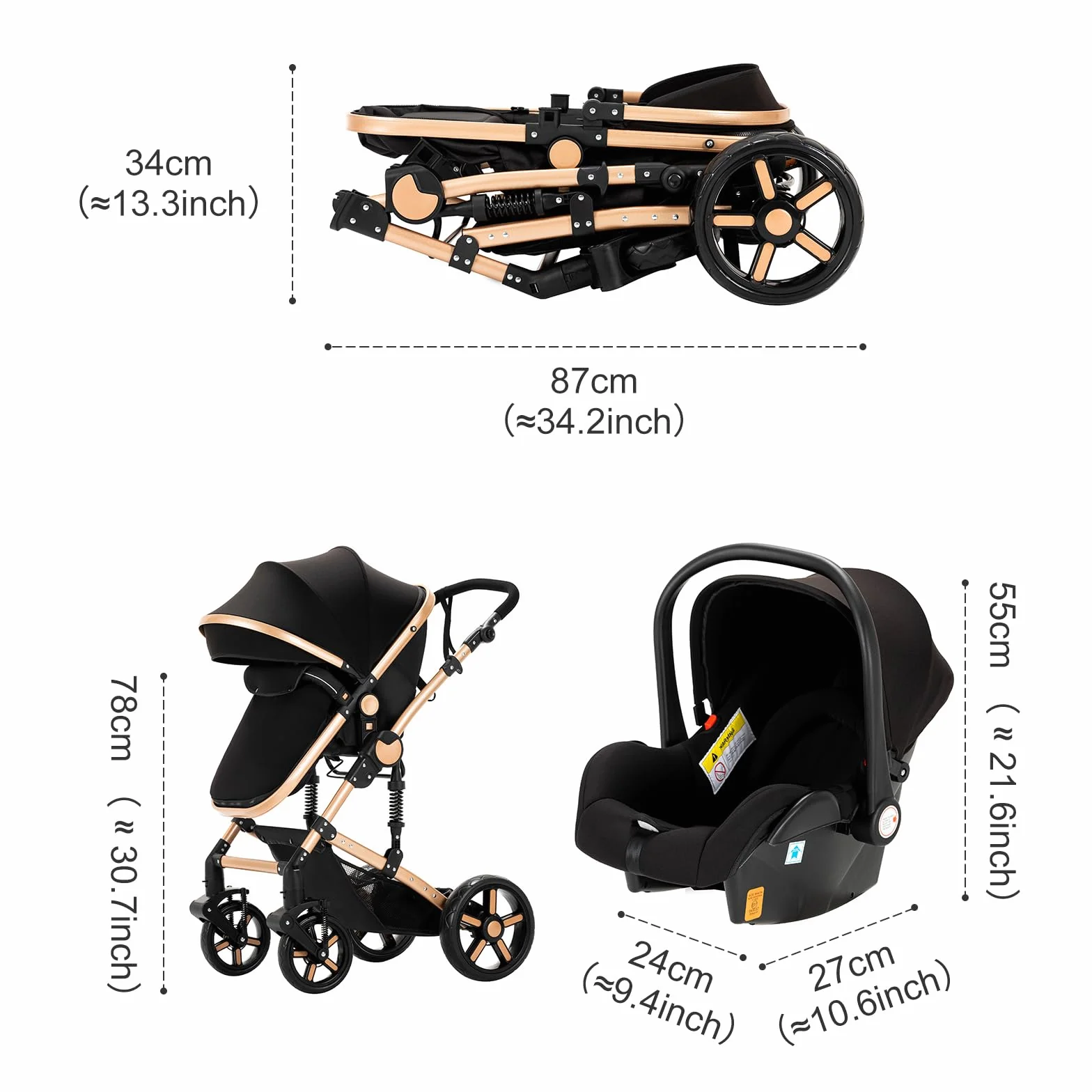 Magic ZC Passeggino Trio 3 w 1, Carrozzina Neonati Pieghevole, Spinta Reversibile, Czarny