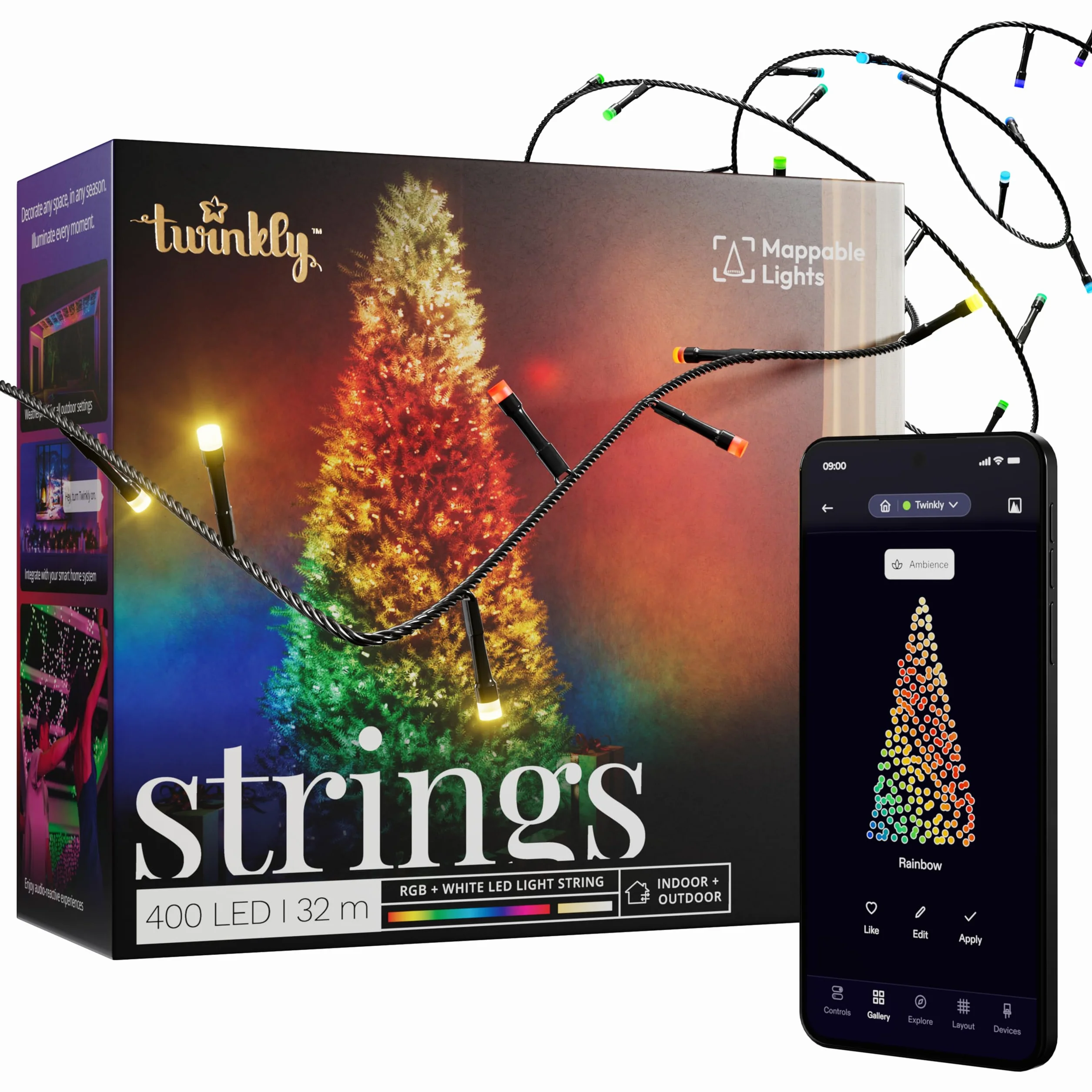 Twinkly Strings 400 LED RGB+Bianco, Striscia di Luci LED per Esterno e Interno, Luci Smart Multicolore, Compatibile con Alexa e Google Home, Luci Mappabili, IP44, Controllo App, Filo Nero, 32m