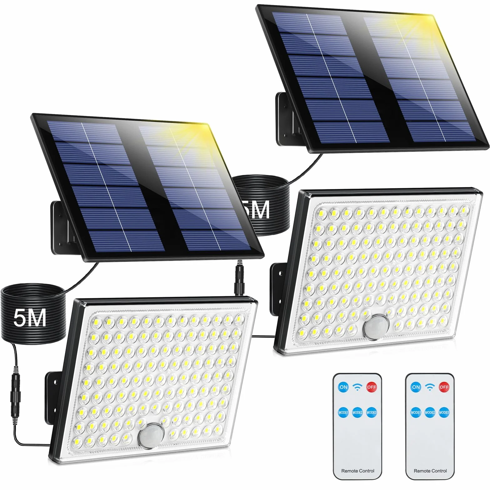 Faretto Led da Esterno Solare con Sensore di Movimento, Luce Solare Led Esterno con Telecomando, 2000mAh 3 Modes IP65 Impermeabile Lampada Solare da Esterno con Pannello Solare per Giardino, 2 Pezzi