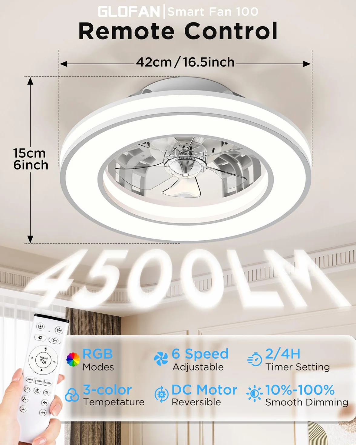 Ventilatore da Soffitto con Luce, Motore DC Silenzioso Lampadario Ventola LED Dimmerabile 3000K-4000K-6500K-RGB, 6 Velocità Plafoniera Ventilatore con Telecomando per Camera da Letto, Cucina