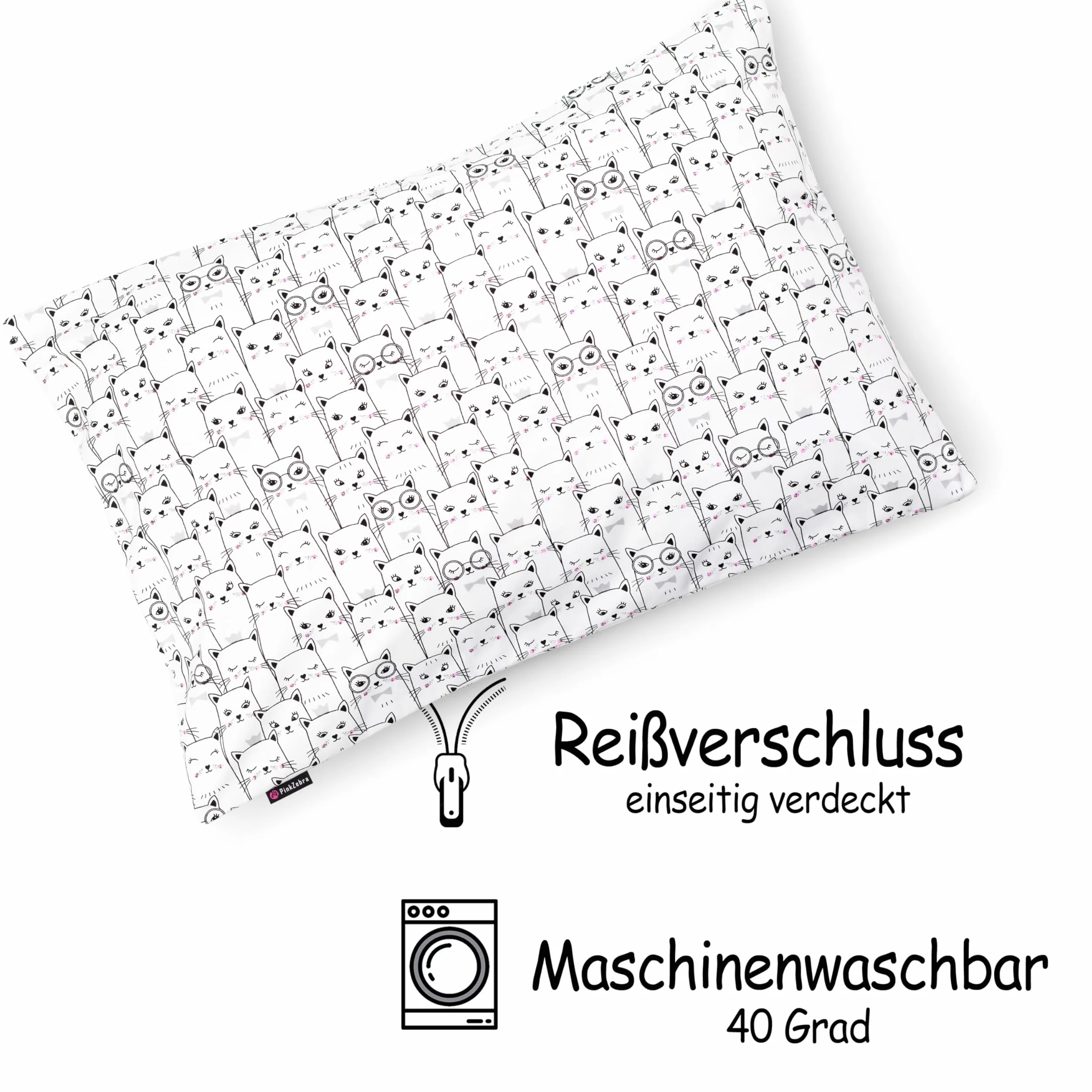 Federa per cuscino per bambini 30x50 cm 100% cotone con chiusura lampo gatti bianchi