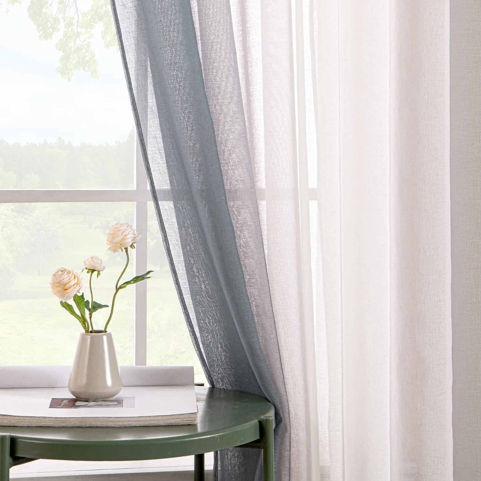Tende Voile Trasparenti Occhielli Sfumato 140x245 cm Grigio 2 Pannelli