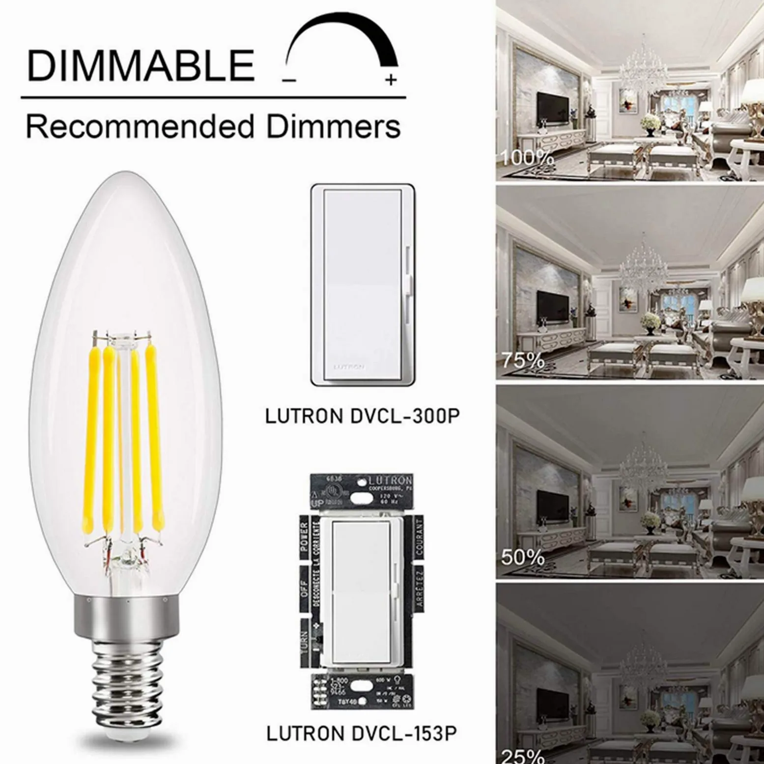 Confezione 4 Lampadine a Candelabri LED, Lampadine a Filamento Edison Retro Dimmerabili E14 4 W Bianco Caldo Equivalenti a 40 W, Lampadine Lampadari in Vetro Trasparente 400 lm C35