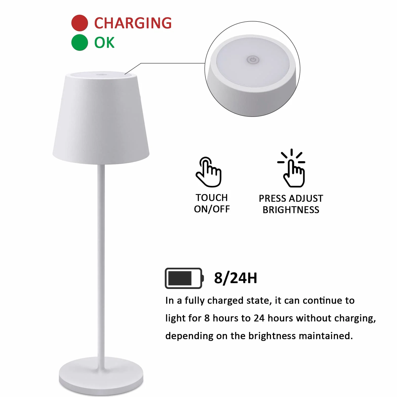 K-Bright 2 pezzi Lampada LED Dimmerabile da tavolo in alluminio, H38cm，Ricaricabile Colore luce calda Per interni/esterni Lampada da tavolo con base di ricarica a contatto (bianco)