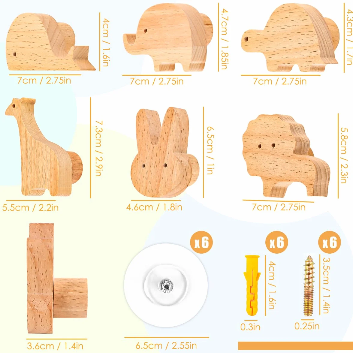 Ganci Appendiabiti per Bambini 6 Pezzi Autoadesivi in Legno con Animali Senza Foratura
