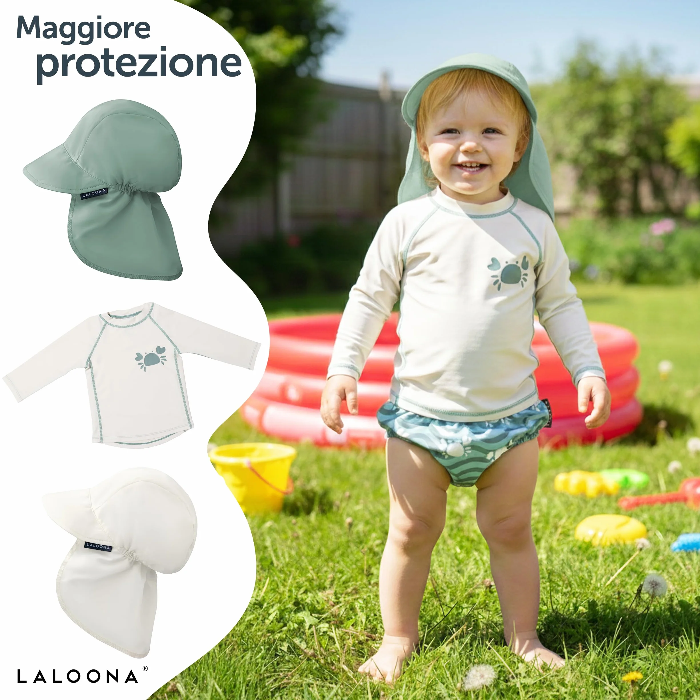 LaLoona Pannolino Piscina Riutilizzabile per Bambini Costume Contenitivo Neonato Resistente al Cloro OEKO-TEX Asciugatura Rapida Verde Granchio