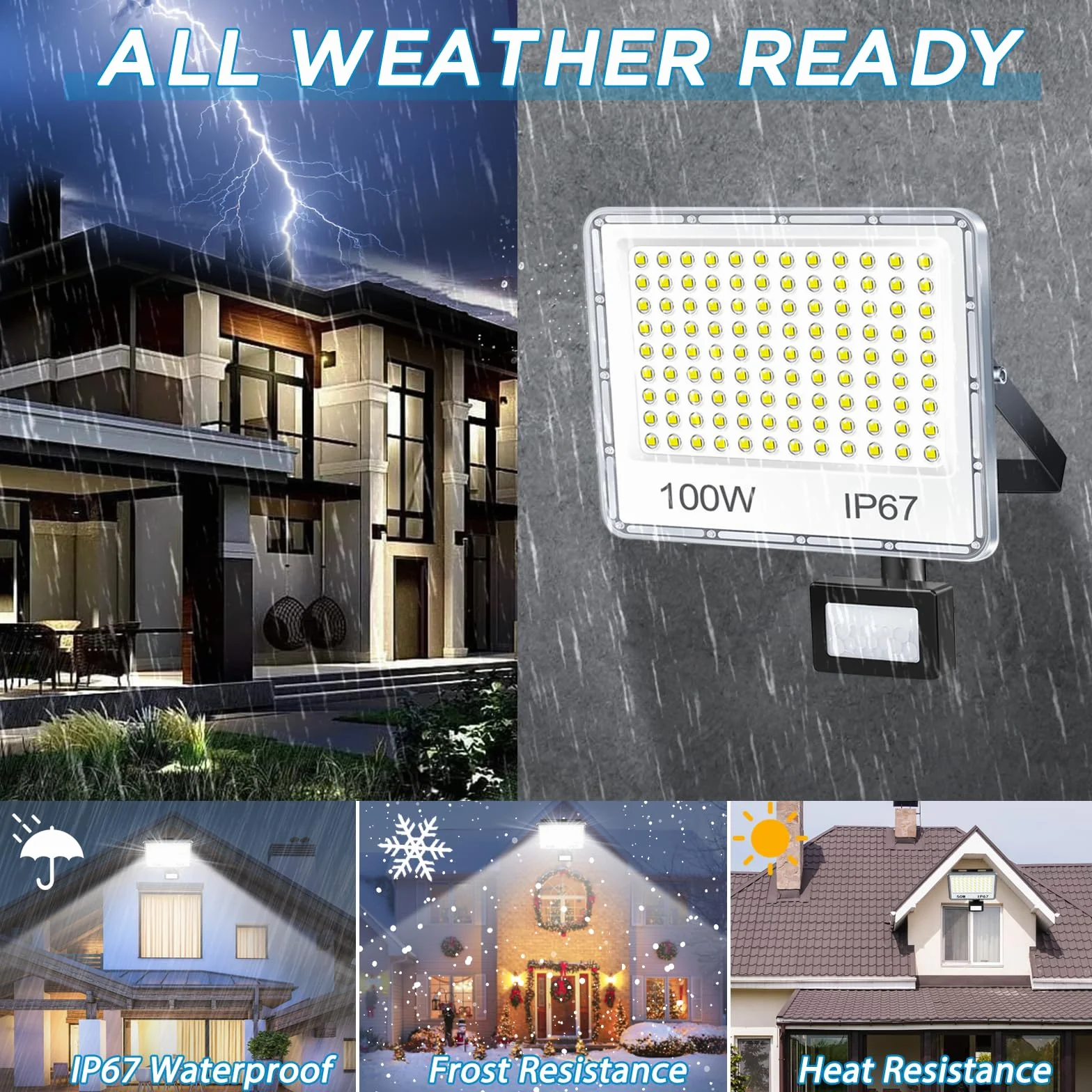 YIQIBRO Faro LED Esterno con Sensore Movimento 100W, Faretto con Sensore di Movimento 10000LM 6500K Bianca Fredda, Impermeabile IP67 Luci da Esterno per Giardino, Terrazza, Garage, Entrata