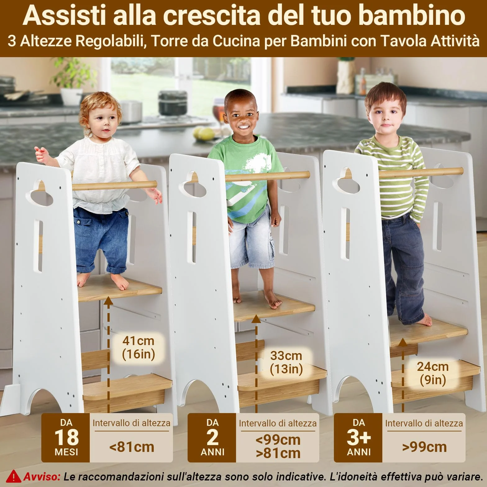 COSYLAND Torre Montessoriana Bambini 1 Anno – Torretta Montessoriana Legno Spesso Regolabile 3 Altezze Bianco Classico Naturale