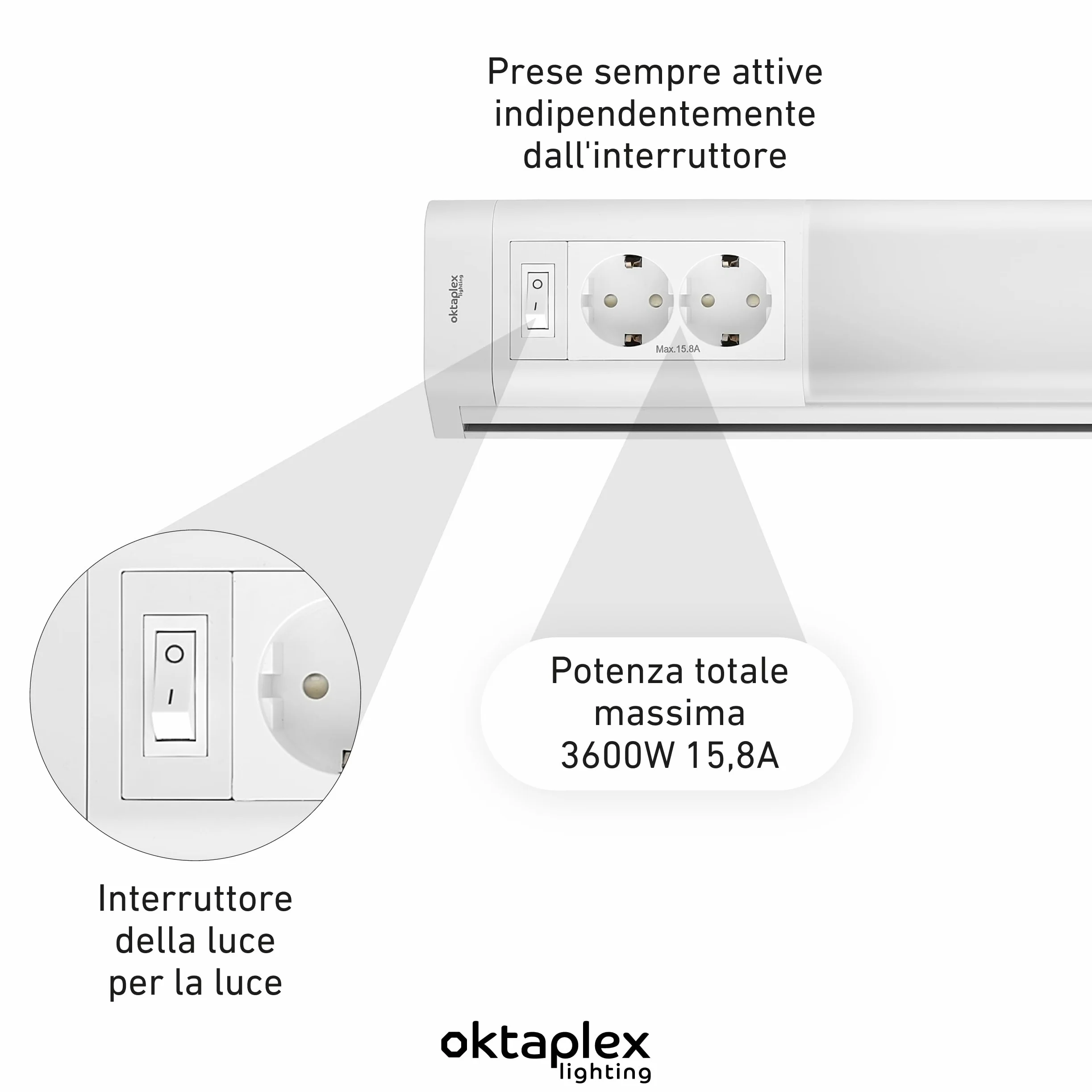 Oktaplex Talin lampada LED sottopensile con 2 prese 50 cm | 1085 lm e 9,7 W, 3000 K bianco caldo su 230 V, due prese integrate e 6 ganci per utensili