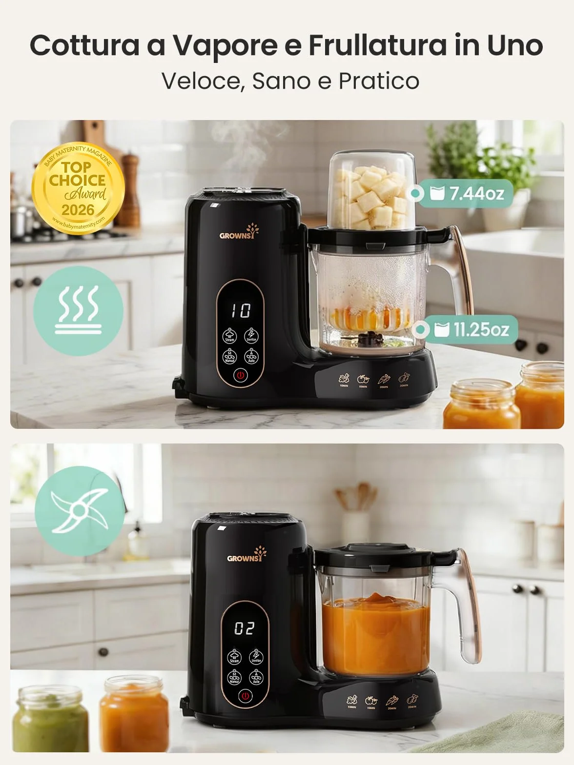 Grownsy Cuocipappa Multifunzione 7-in-1 Robot Cucina per Svezzamento con Doppio Cestello a Vapore, BPA Free