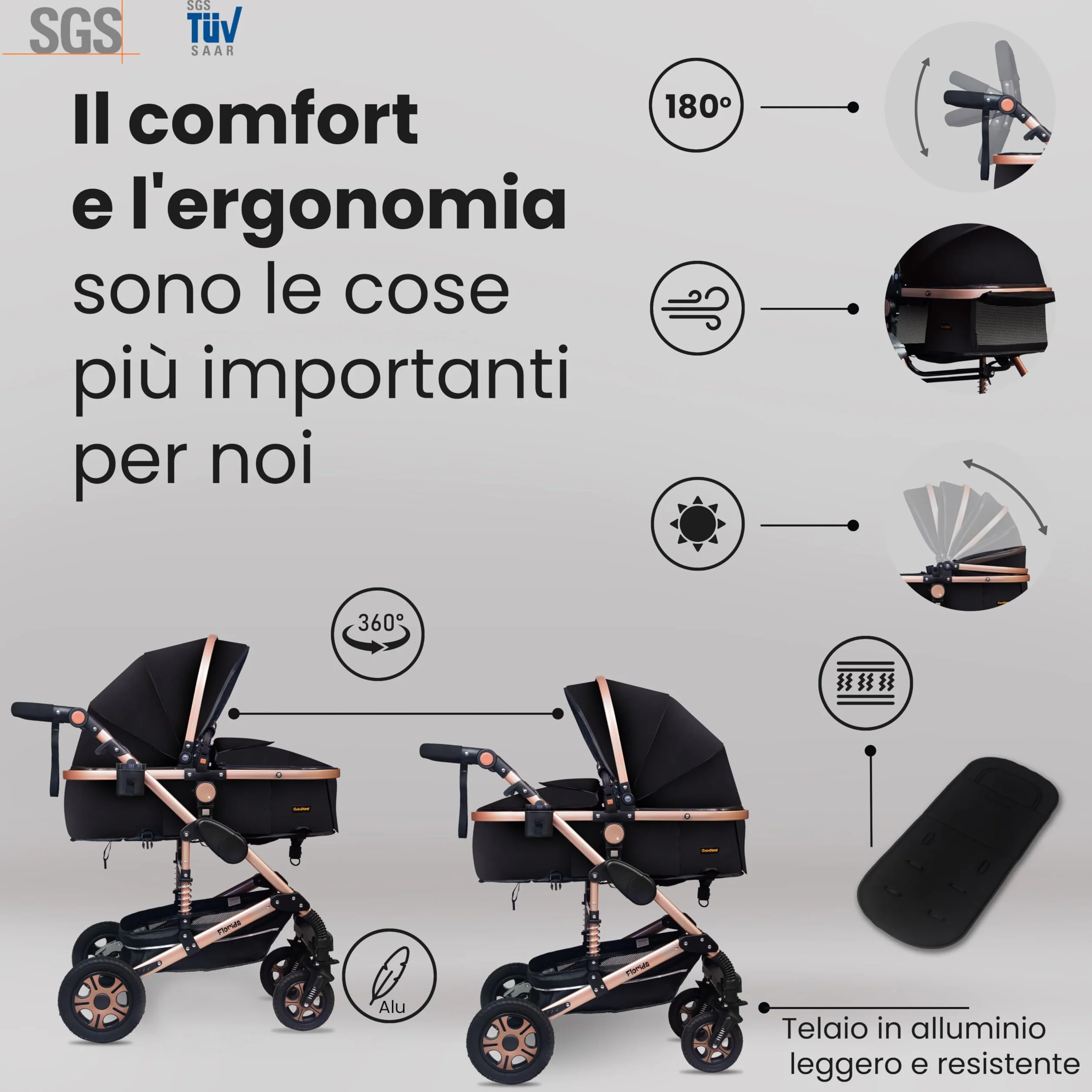 GaGaDumi Florida 3 in 1 Passeggino Trio, Carrozzina, Seggiolino Auto, Pieghevole, 0-36 mesi, Nero/Oro
