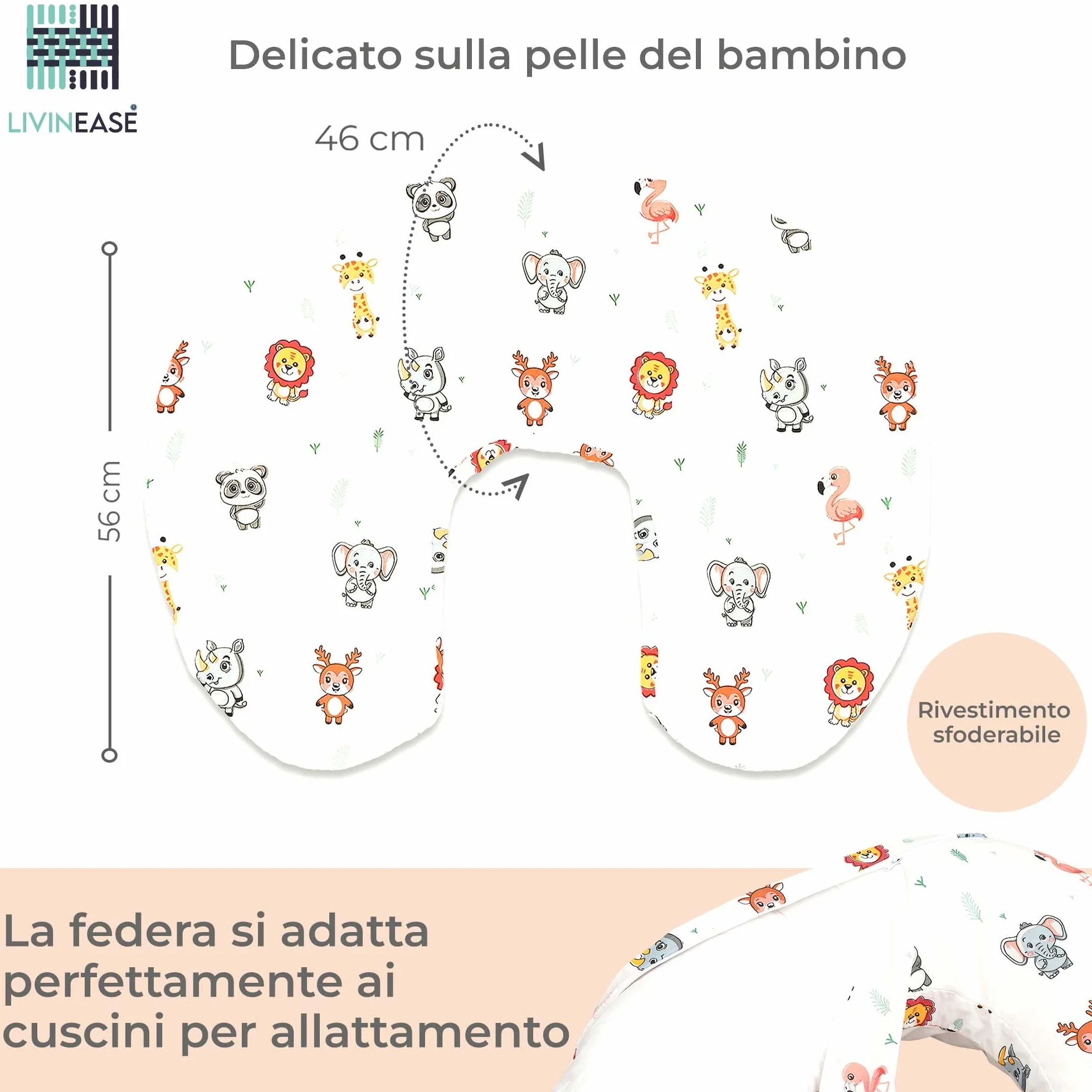 LivinEase Fodera per Cuscino da Allattamento Rimovibile 100% Cotone per Neonati