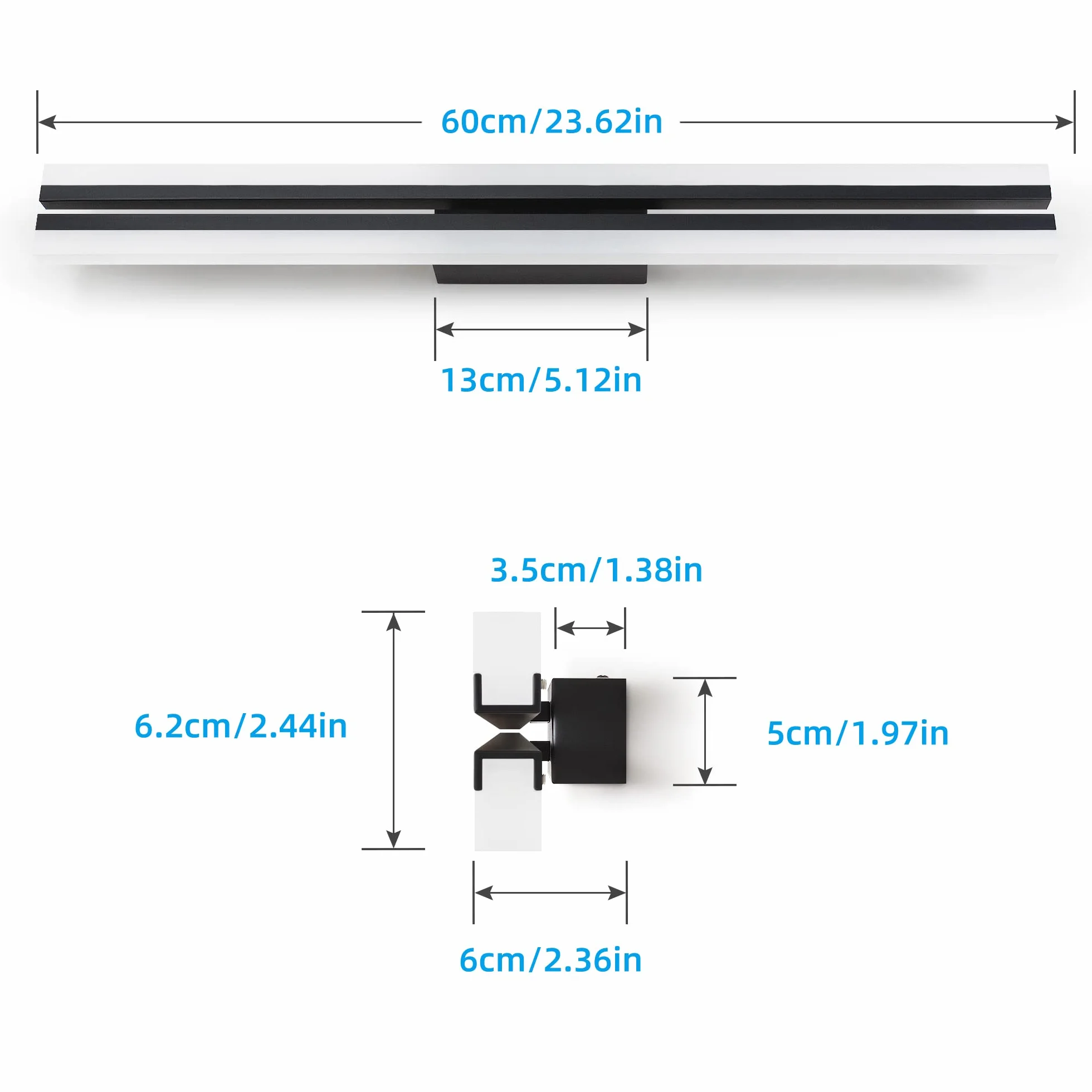 MantoLite Esposizione da Luci per Parete,60CM 24W Super Luminose Applique Luci da Toletta IP44 Lampade da Specchio Faretti da Muro,6000K Applique da Parete Nera LED Interni Illuminazioni