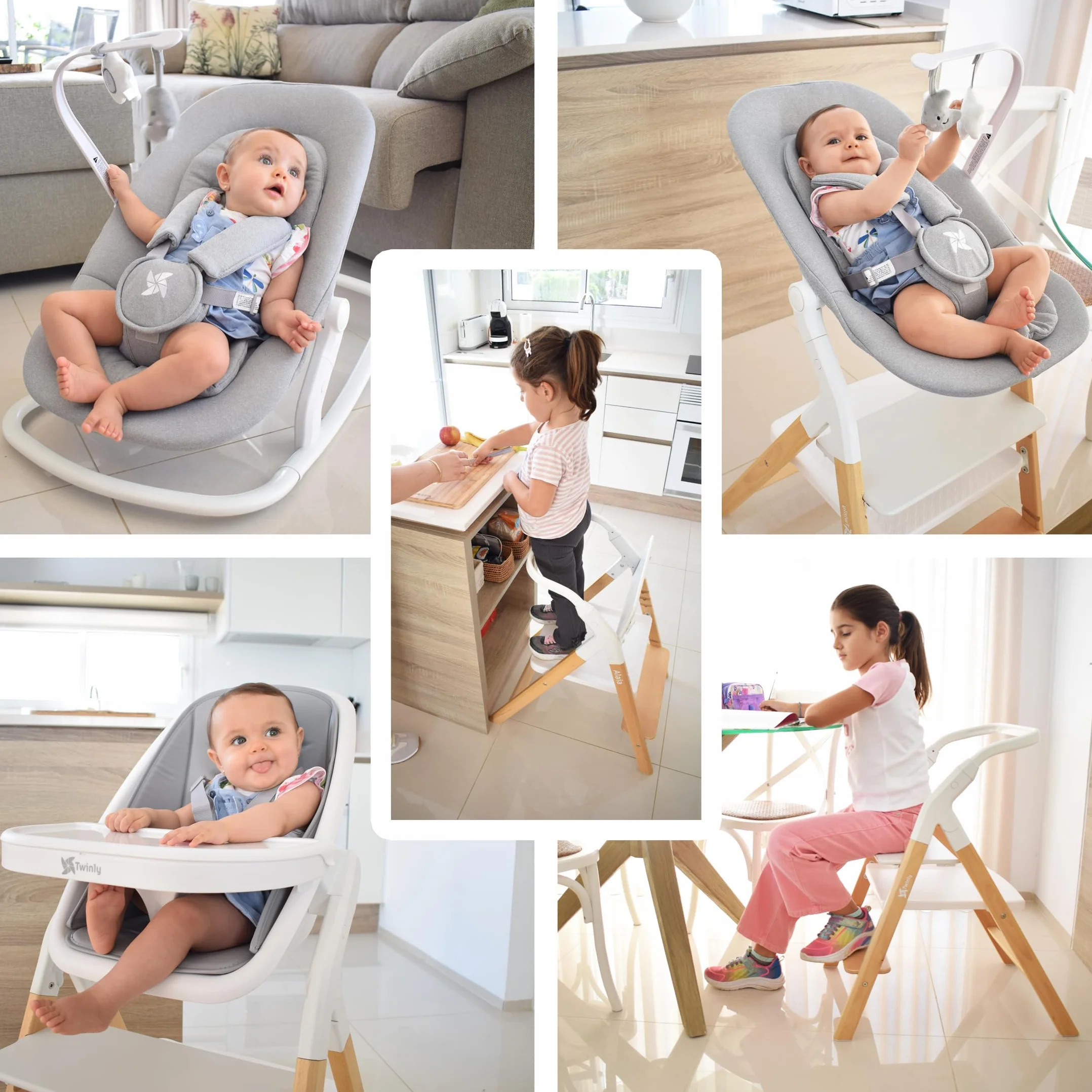 Seggiolone Pappa Evolutivo 5 in 1 Multifunzione Dondolo Torre di Apprendimento Sedia Pieghevole Ergonomica Legno di Faggio Alaia