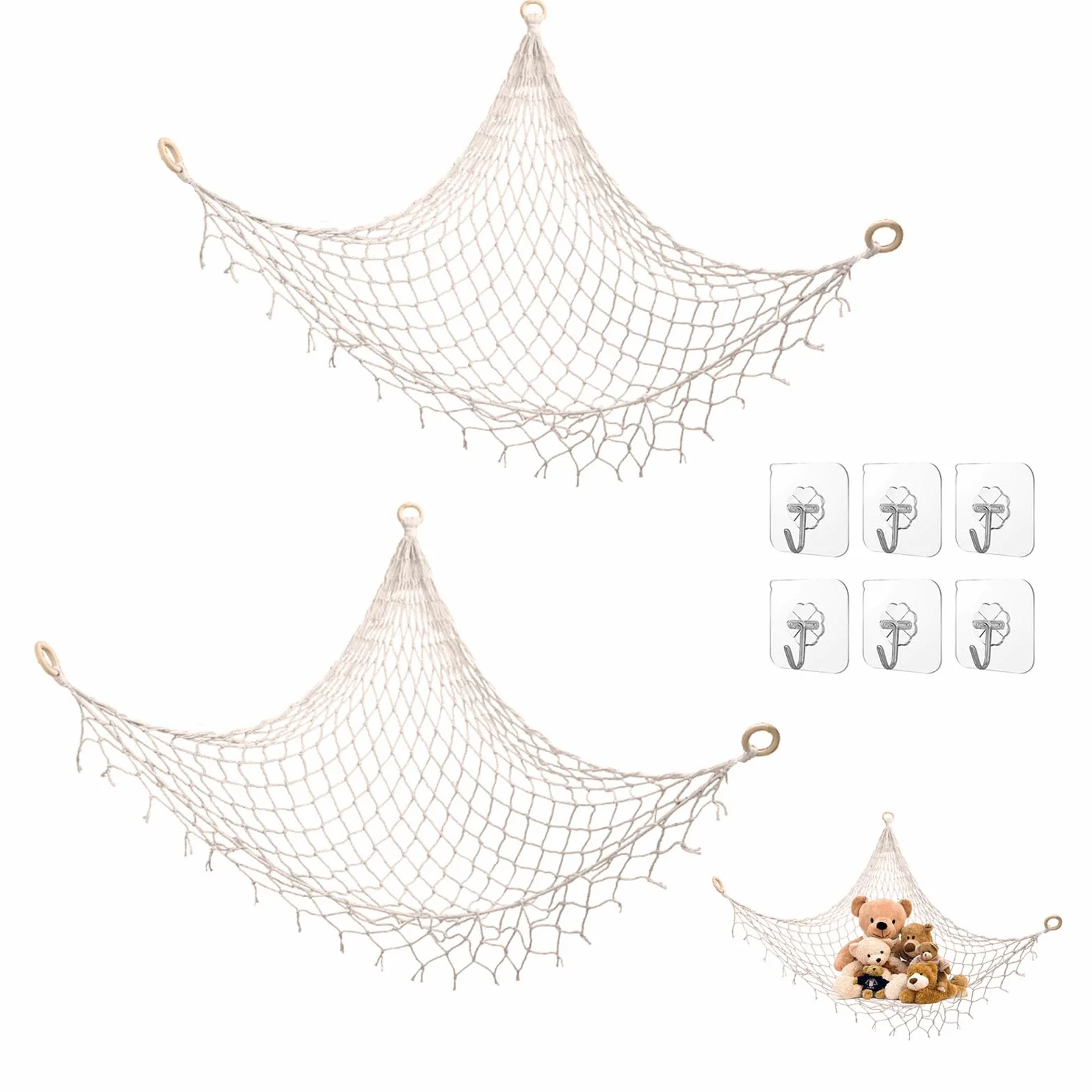 Amaca di Peluche per Bambini 110x110cm Portaoggetti in Rete da Pesca con Ganci di Sicurezza