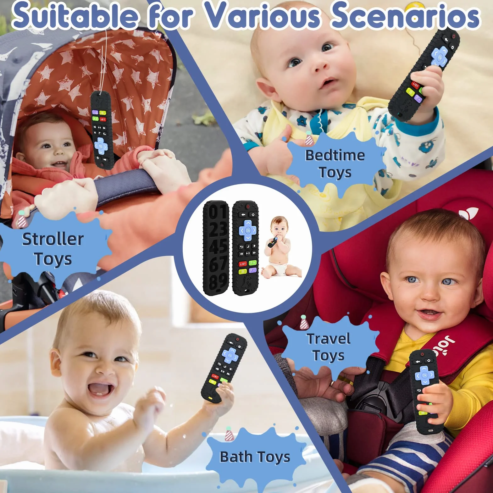 Giocattoli Sensoriali in Silicone per Dentizione Bambini 3-12 Mesi, Telecomando Bagno Neonato Nero