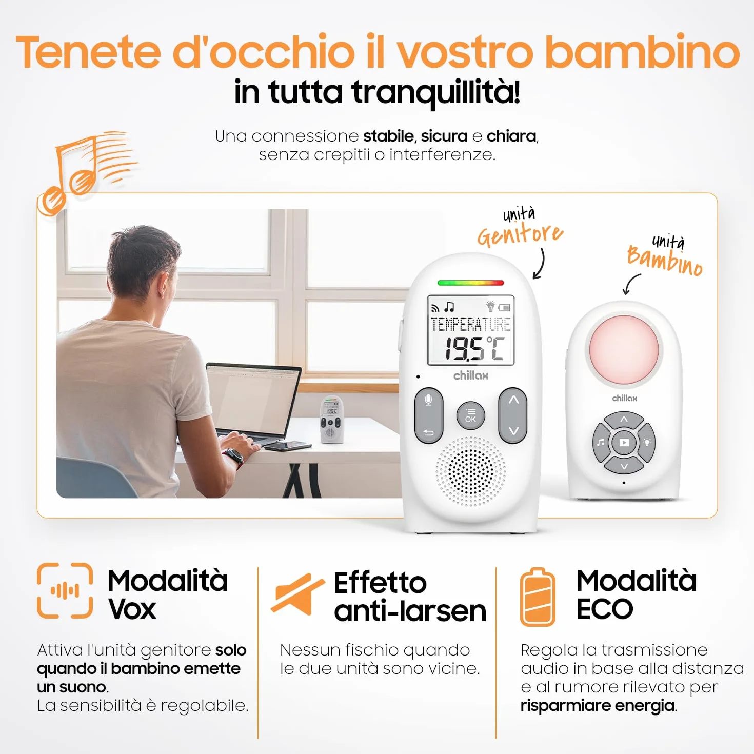 CHILLAX CB260 Baby monitor Audio DECT Schermo LCD VOX Mode Eco Sensore temperatura Portata 340m