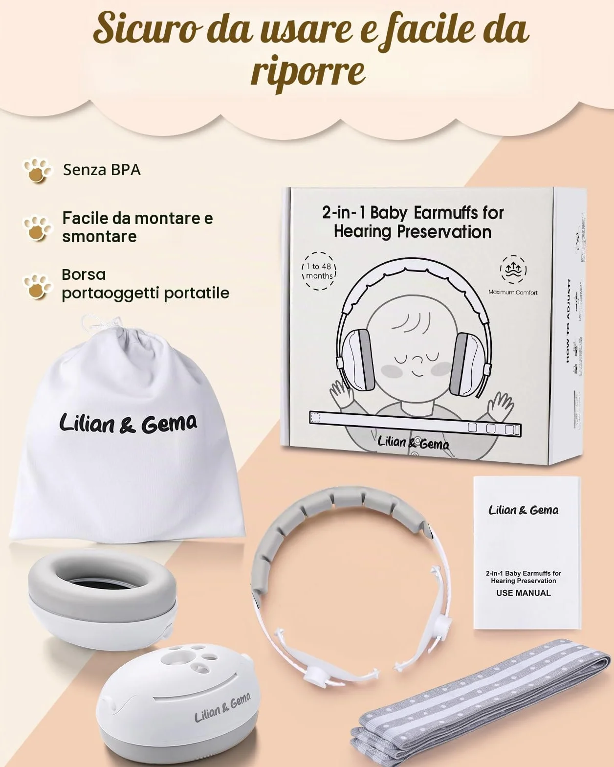 Lilian&Gema Protezione dell'udito per neonati 2-in-1 Cuffie con protezione acustica 25dB Paraorecchie regolazione del nastro