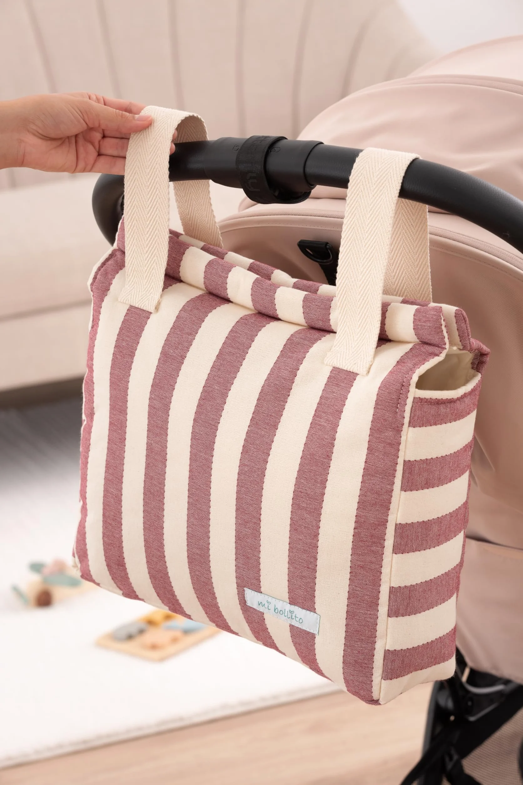 Borsa per passeggino universale con chiusura a scatto, leggera, grande capacità, design a righe
