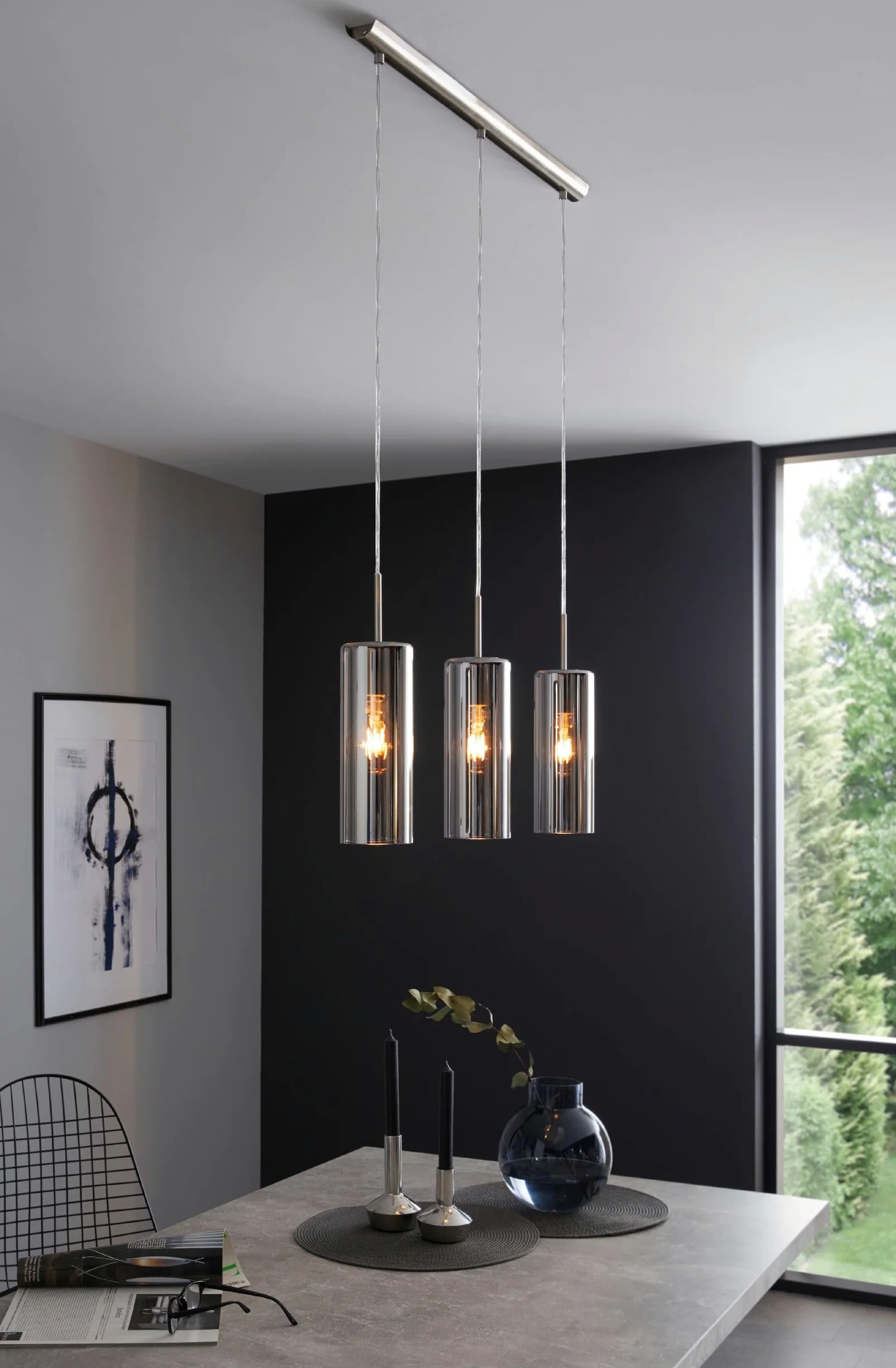 Eglo lampada a sospensione Selvino, illuminazione a sospensione per tavolo | da pranzo in vetro fumé, 3 fiamme, struttura in vetro nero e acciaio argento, attacco E27