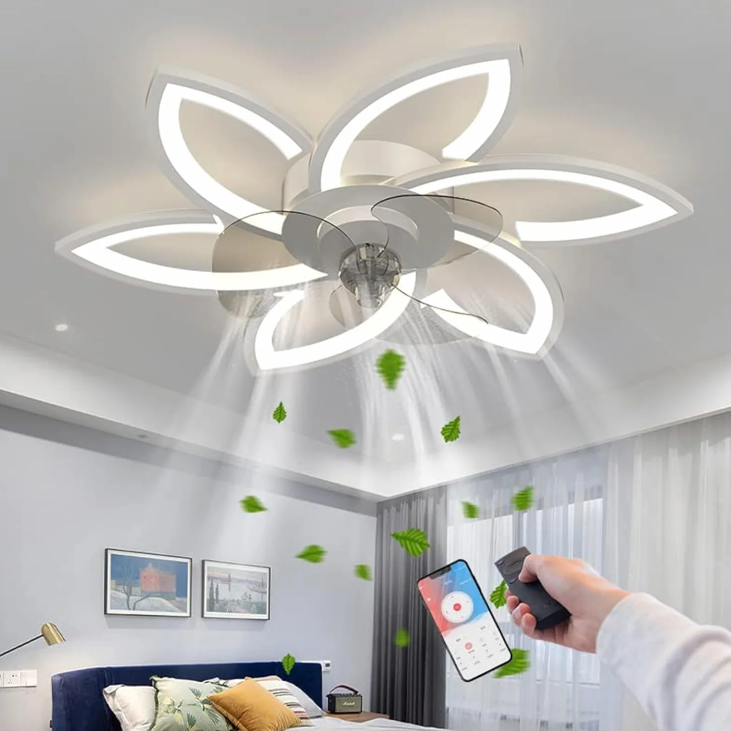 Ventilatore da soffitto a LED con luce, creatività 6 fiamme, ventilatore silenzioso dimmerabile Luce da soffitto con telecomando e controllo APP
