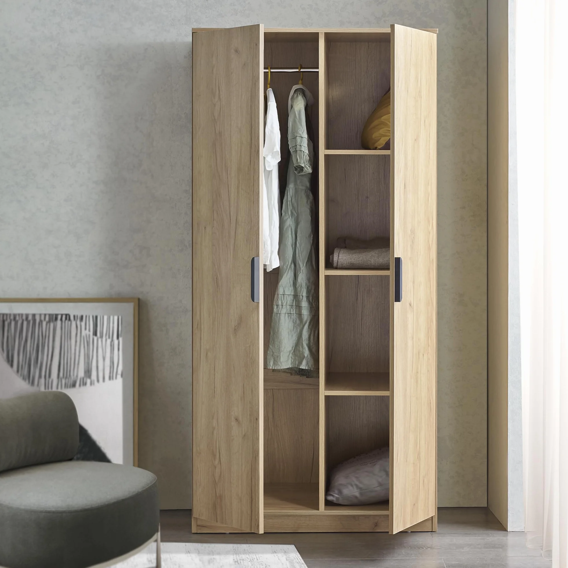 Armadio Guardaroba per Camera da Letto 4 Scomparti Asta Appendiabiti 176 x 80 x 52 cm Effetto Rovere