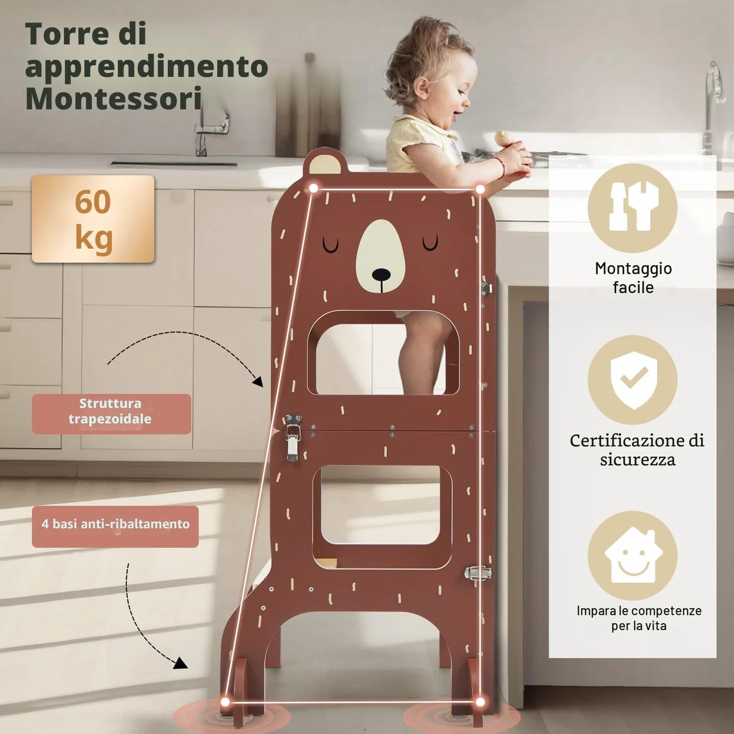 Labebe Torre Montessoriana Pieghevole in Legno 3 w 1 z Lavagna Orso Bruno