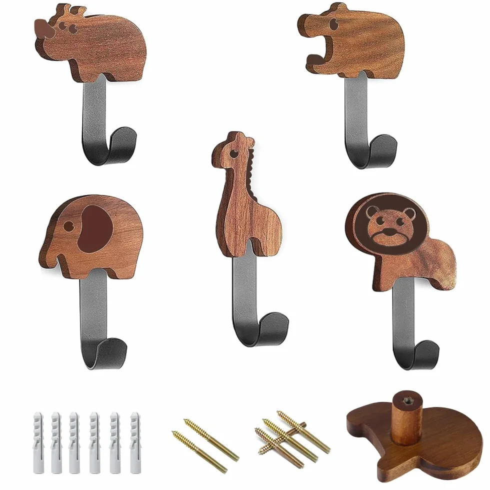 Ganci da Parete in Legno Autoadesivi per Bagno 5PCS Appendiabiti Bambini