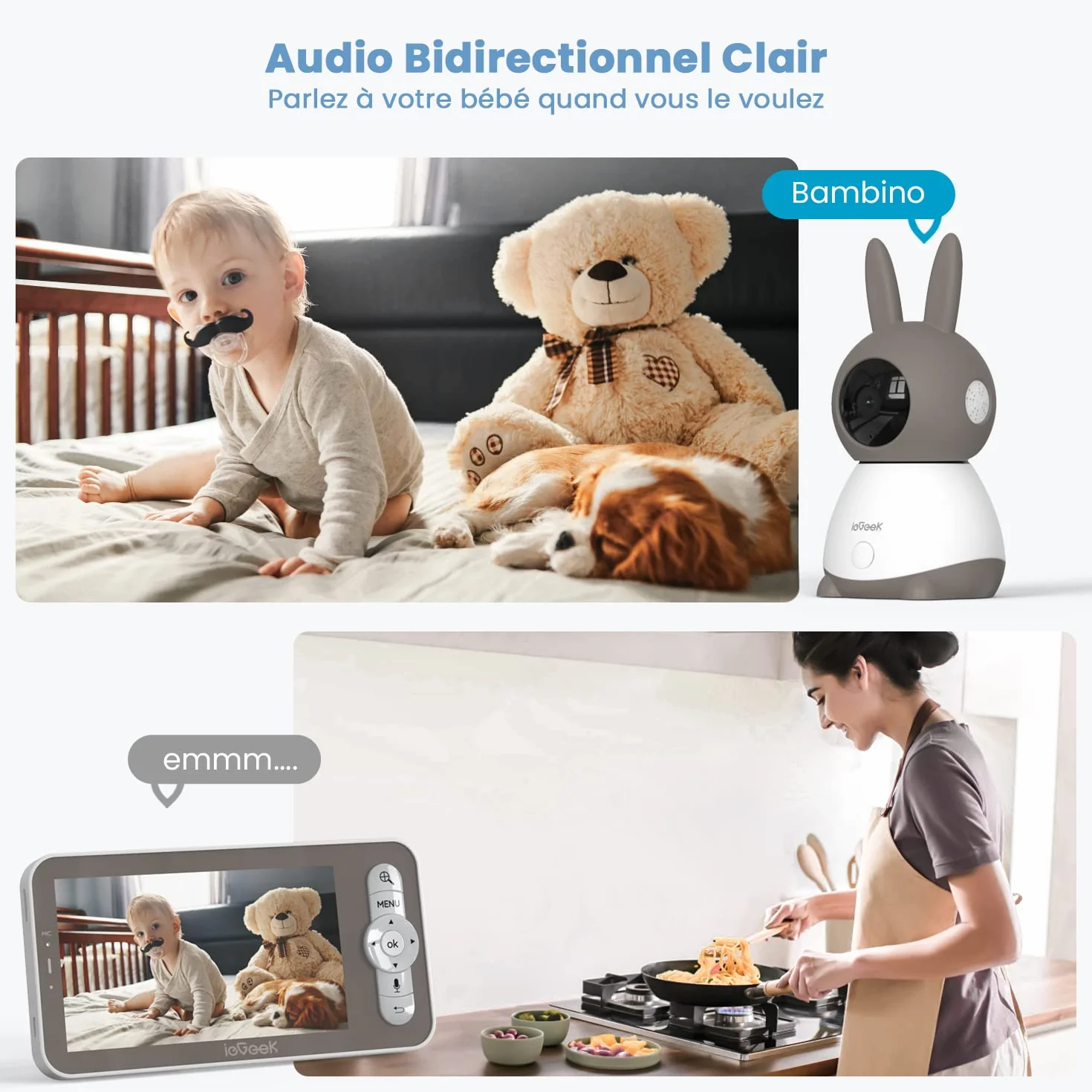 ieGeek 2K Baby Monitor con 5" LCD, Telecamera Bambini con APP, 3000mAh Batteria Ricaricabile, Rilevamento Intelligente