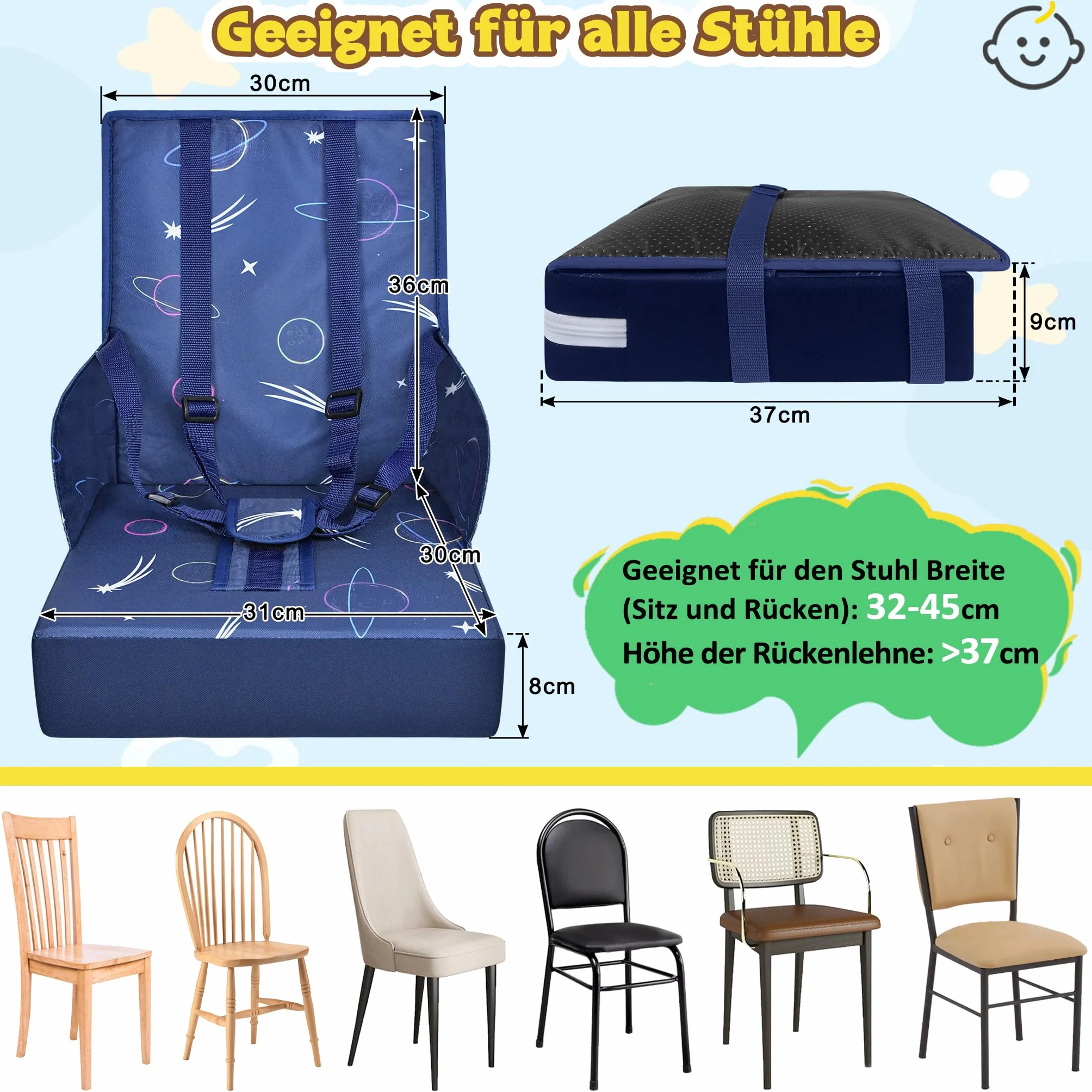 Sedia per bambini portatile con cintura di sicurezza regolabile antiscivolo lavabile blu