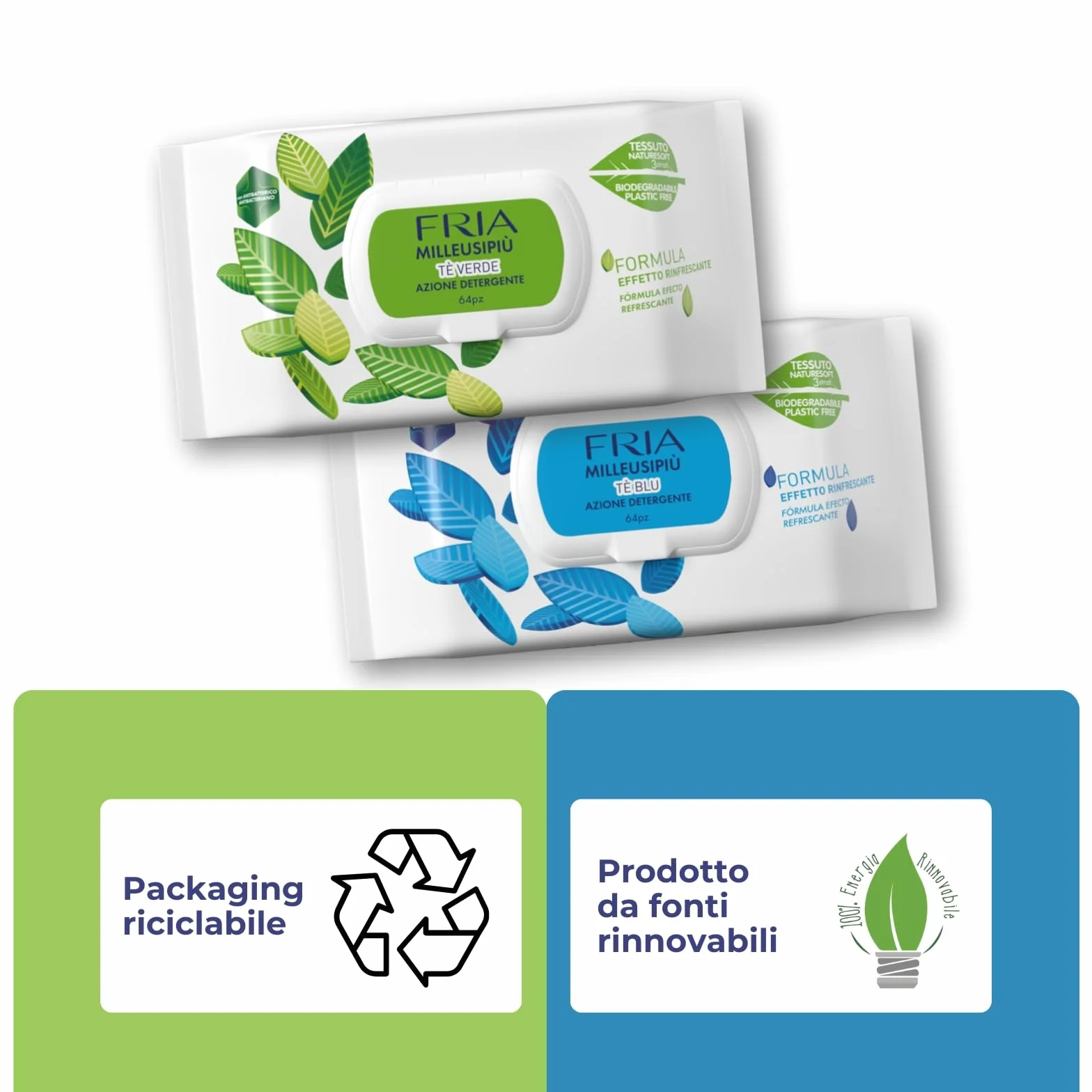 MilleusiPiù Tè Verde & Tè Blu Salviette Multiuso Rinfrescanti Antibatterico Tessuto Fibrasoft 3 Strati Biodegradabile 64 Salviette