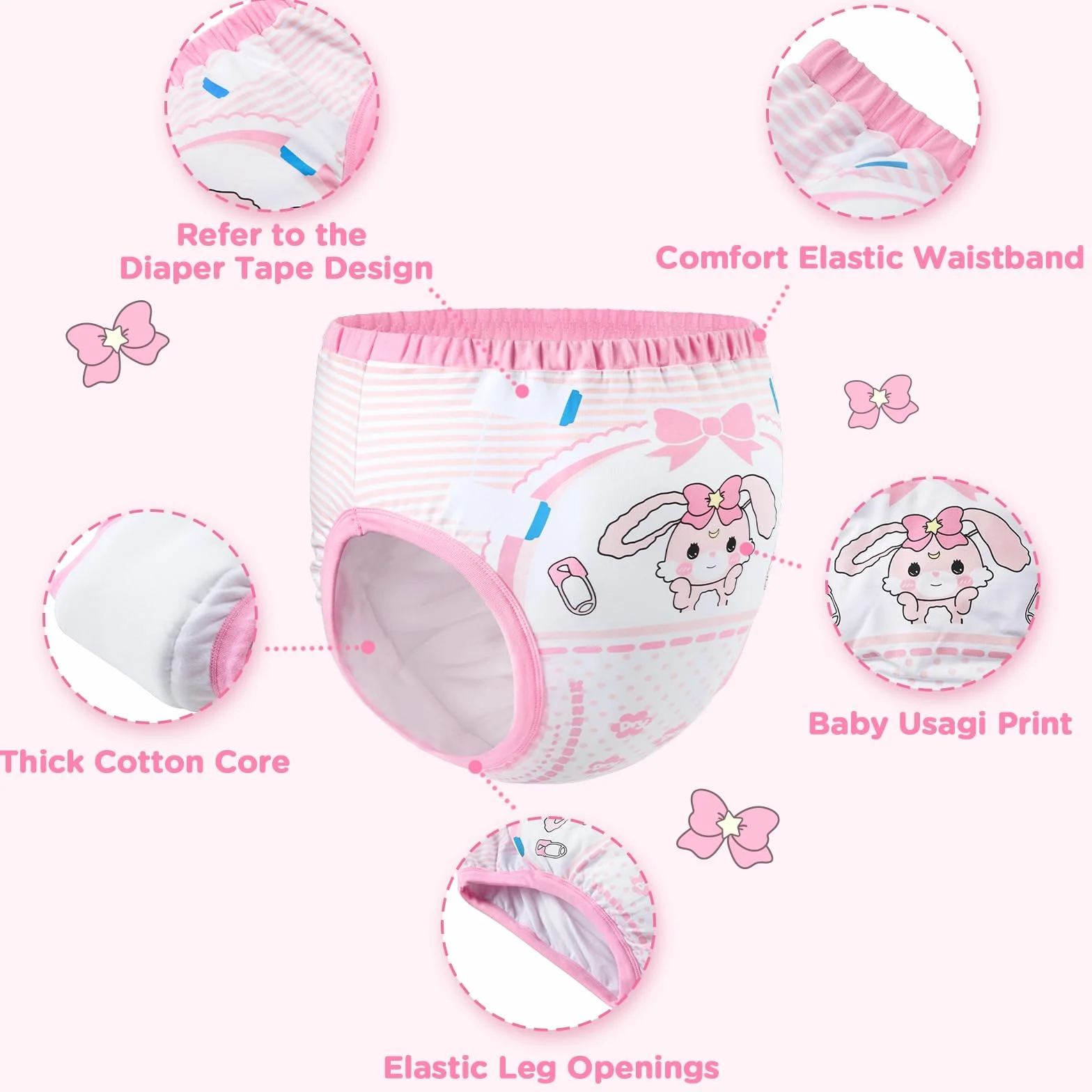 LittleForBig Mutandine Addestramento Adulti Cotone Morbido - Comode Lavabili Riutilizzabili Baby Usagi Rosa S