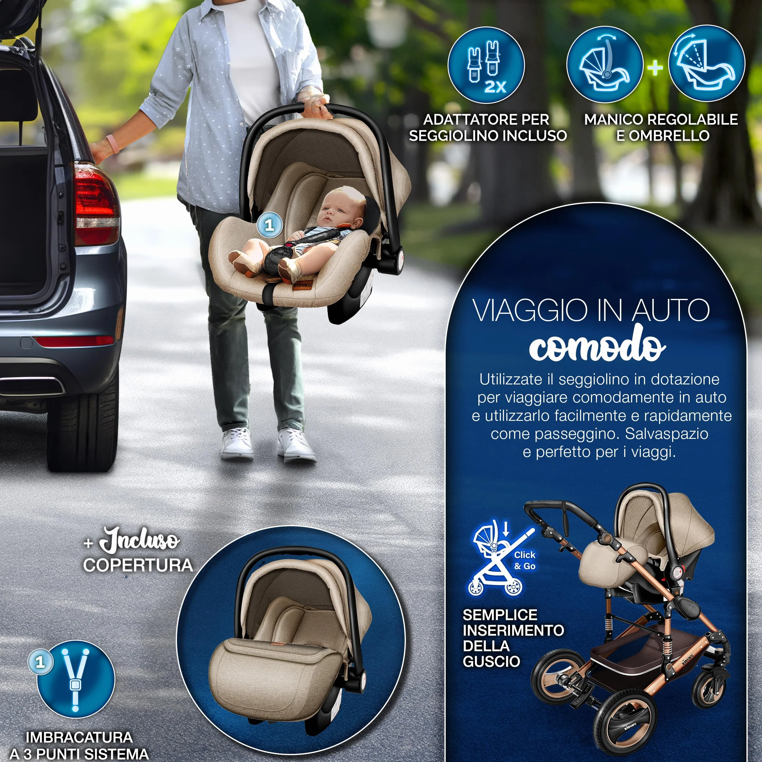 KIDUKU 3 in 1 Passeggino Completo Trio Sistema Combinato con Navicella Ovetto Seggiolino Auto Coprigambe ECE R129